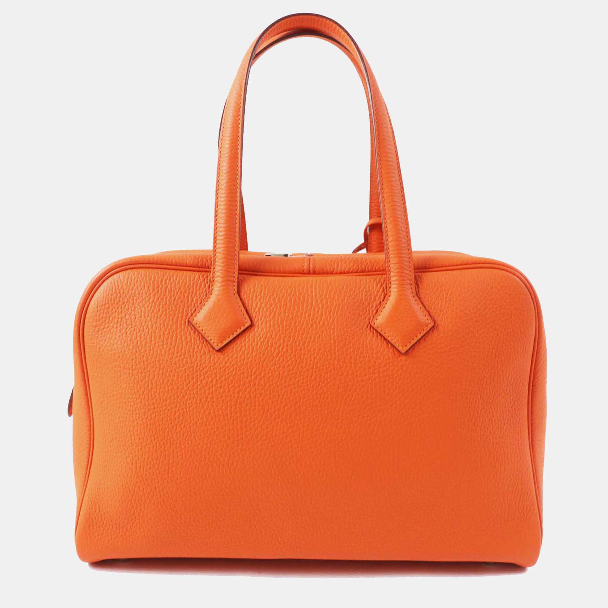 Hermes Orange Leather Victoria 35 Clemence Boston Bag