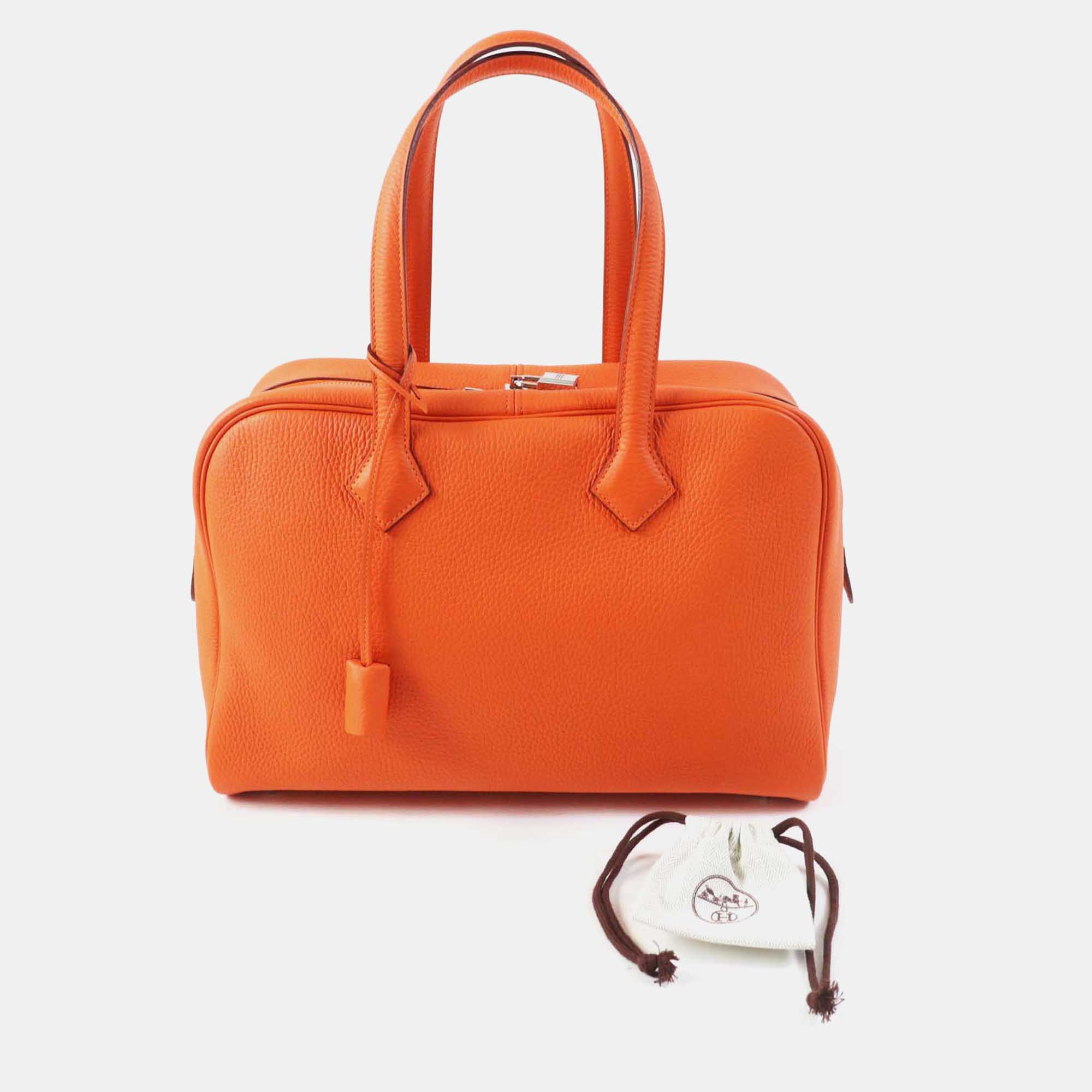 Hermes Orange Leather Victoria 35 Clemence Boston Bag