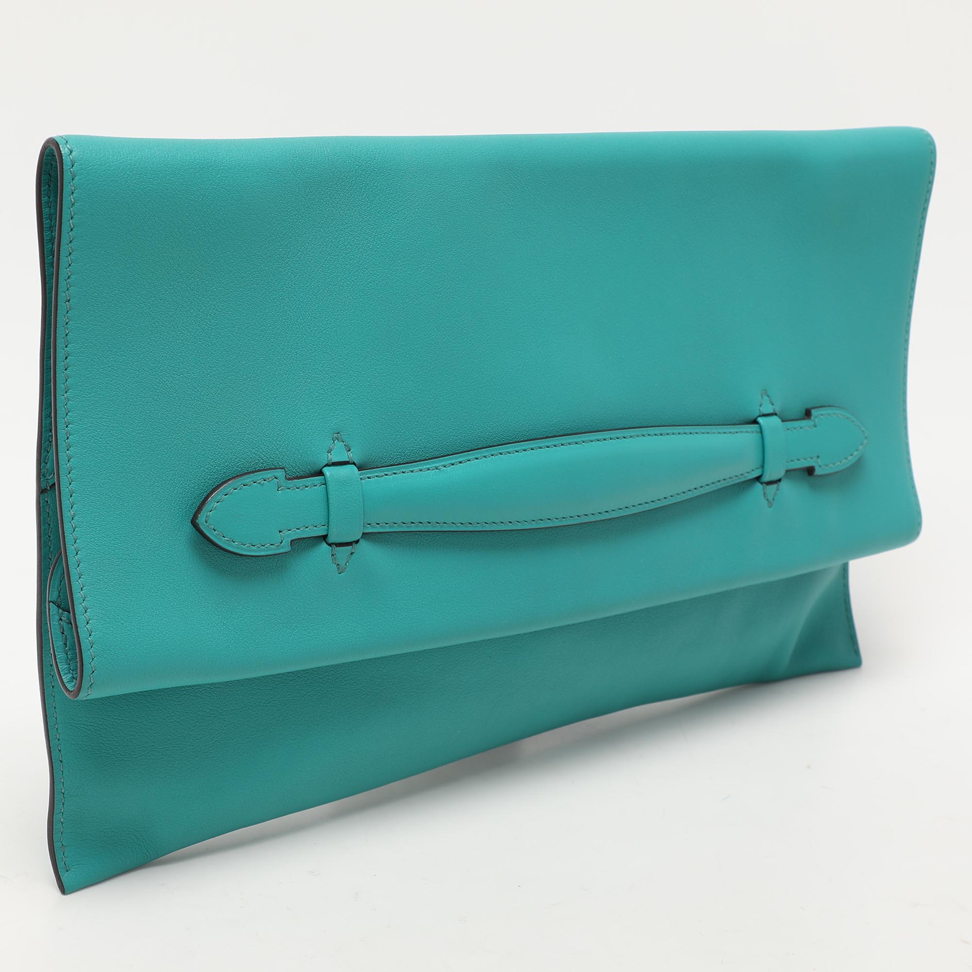 Hermes Blue Paon Swift Leather Pliplat Clutch