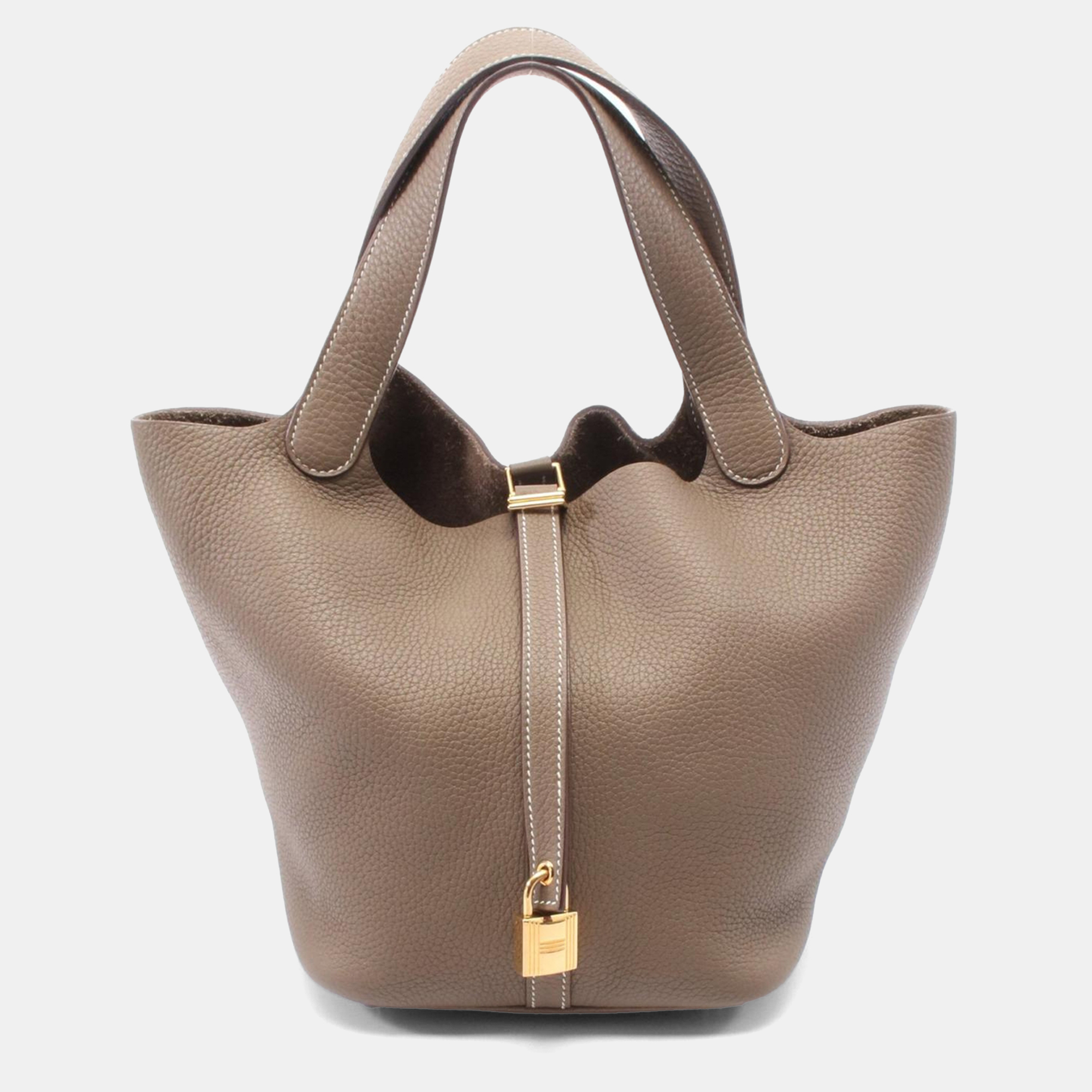 Hermes Etoupe Grey Taurillon Clemence Gold Hardware Picotin Lock MM
Hermes Etoupe Grey Taurillon Clemence Gold Hardware Picotin Lock MM