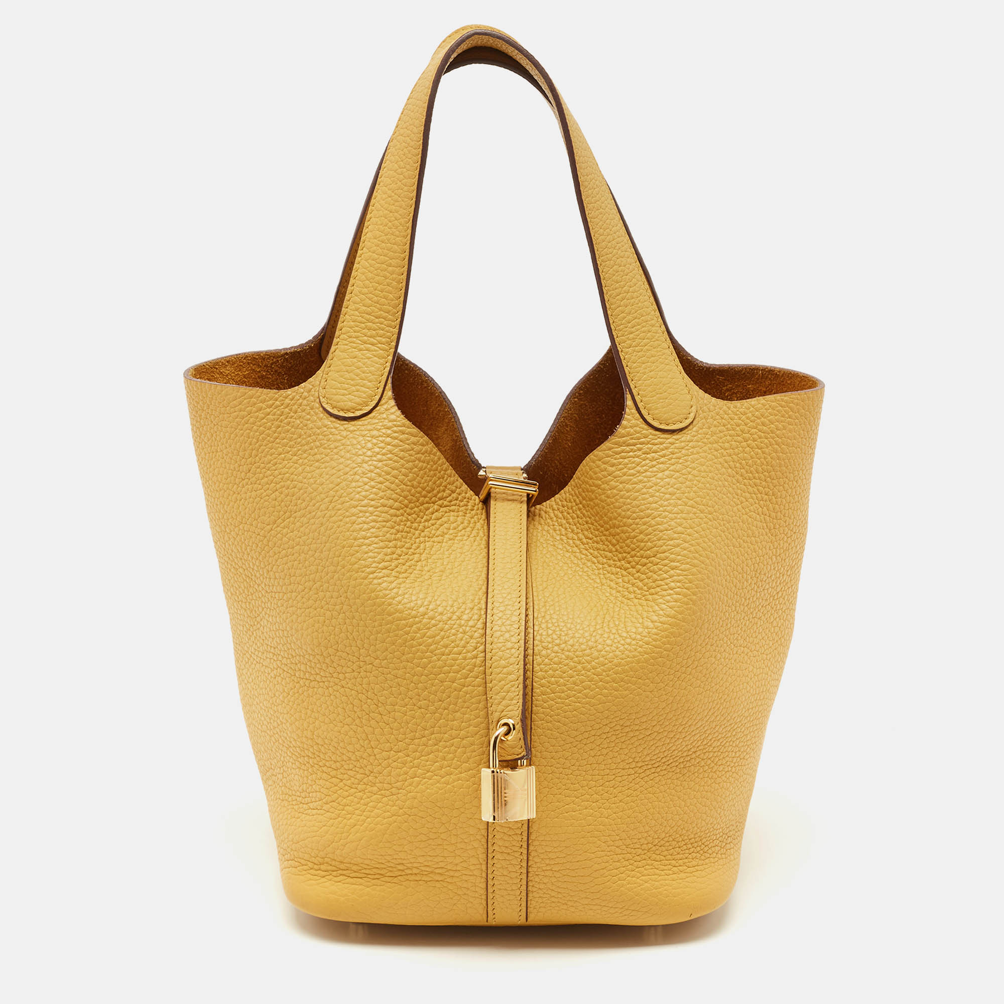 Hermes Jaune Ambre Taurillon Clemence Leather Picotin Lock 22 Bag, Yellow
Hermes Jaune Ambre Taurillon Clemence Leather Picotin Lock 22 Bag, Yellow
