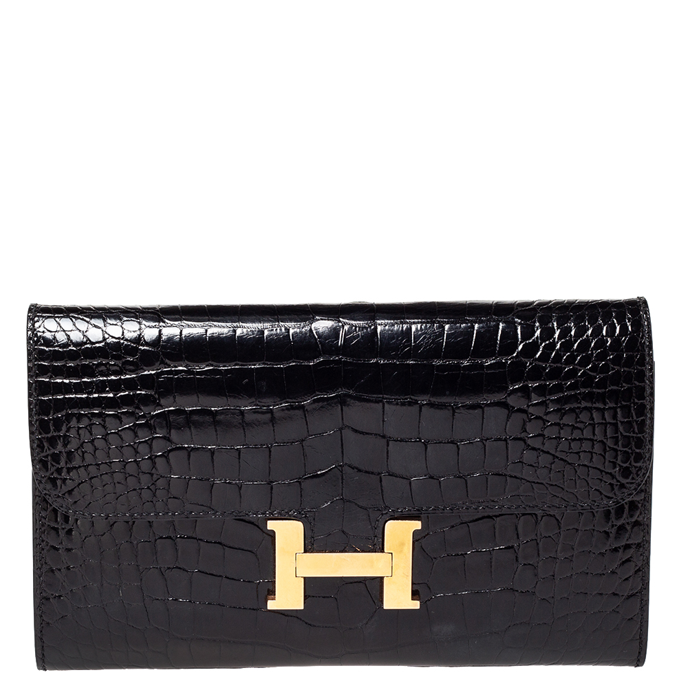 Image of Hermes Black Shine Alligator Constance Long Wallet
