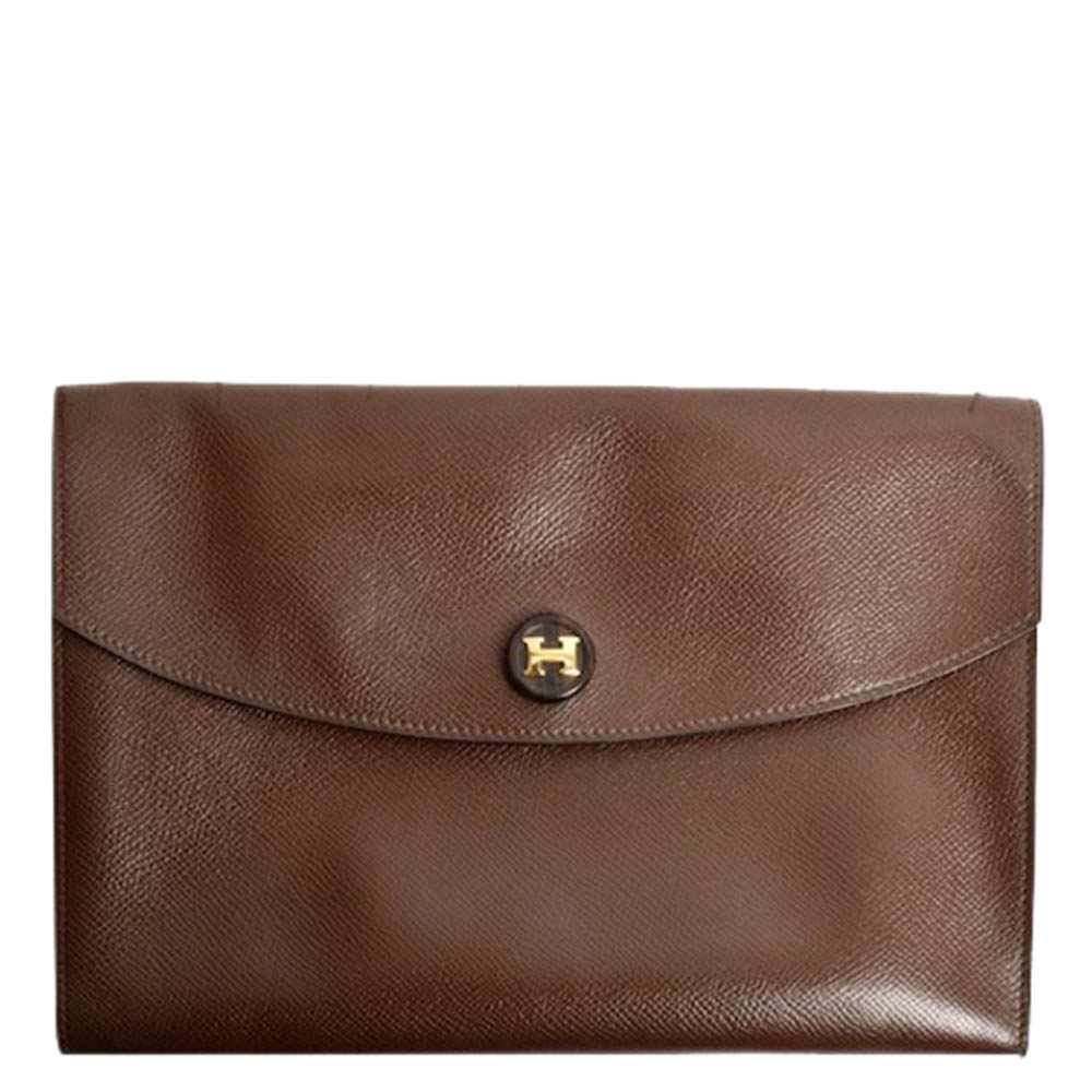 Image of Hermes Brown Leather Pochette Rio Clutch Bag