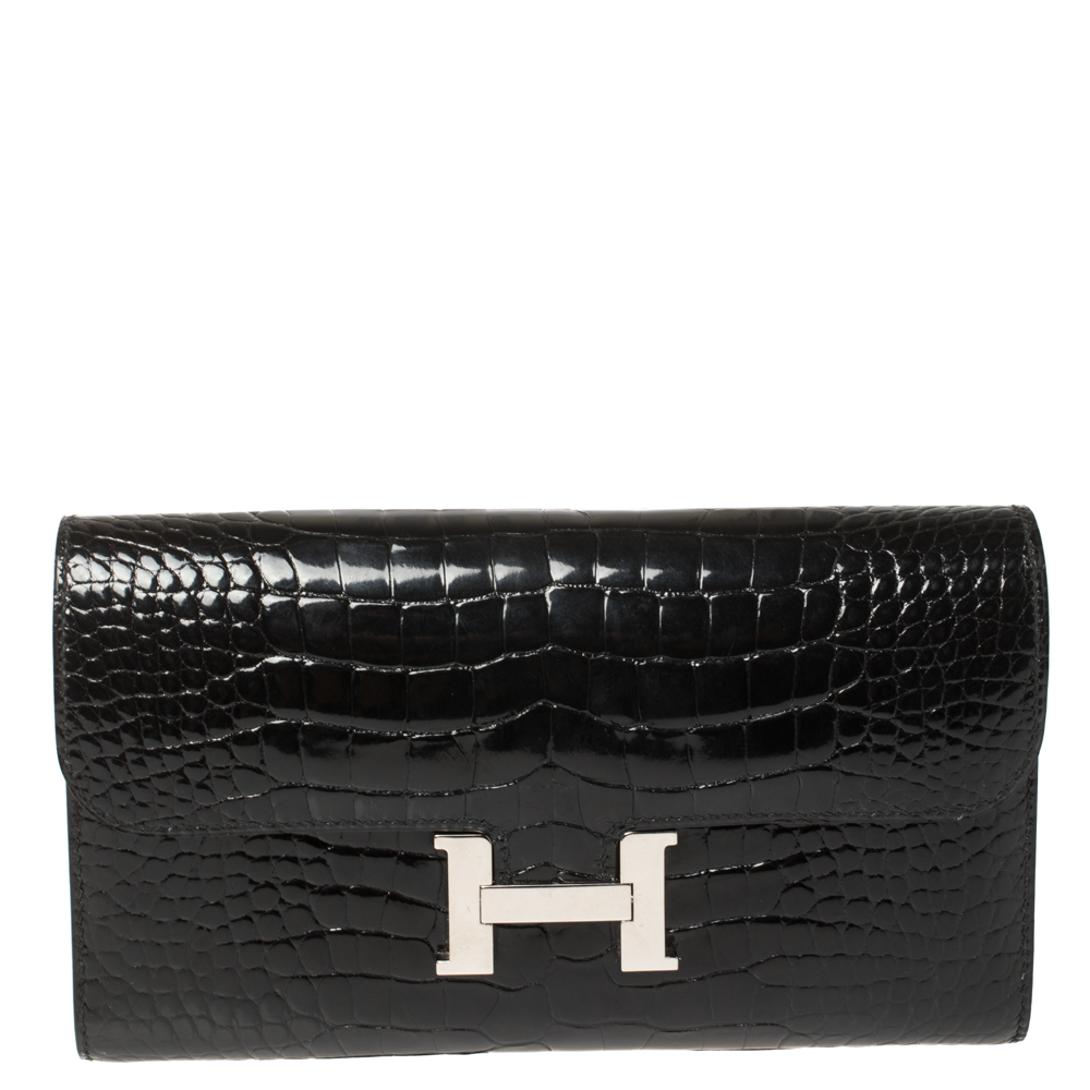 Image of Hermes Black Shine Alligator Palladium Hardware Constance Wallet