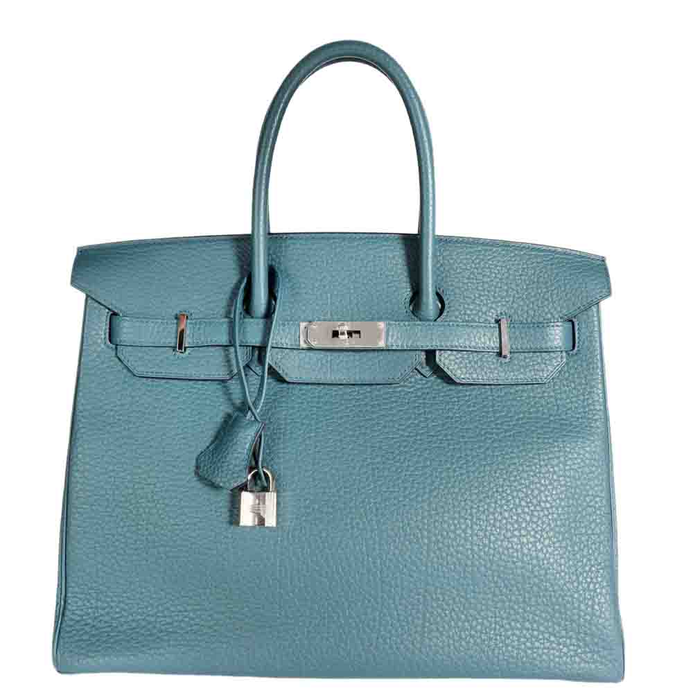 Hermes Blue Clemence Leather Birkin 35 Tote Bag