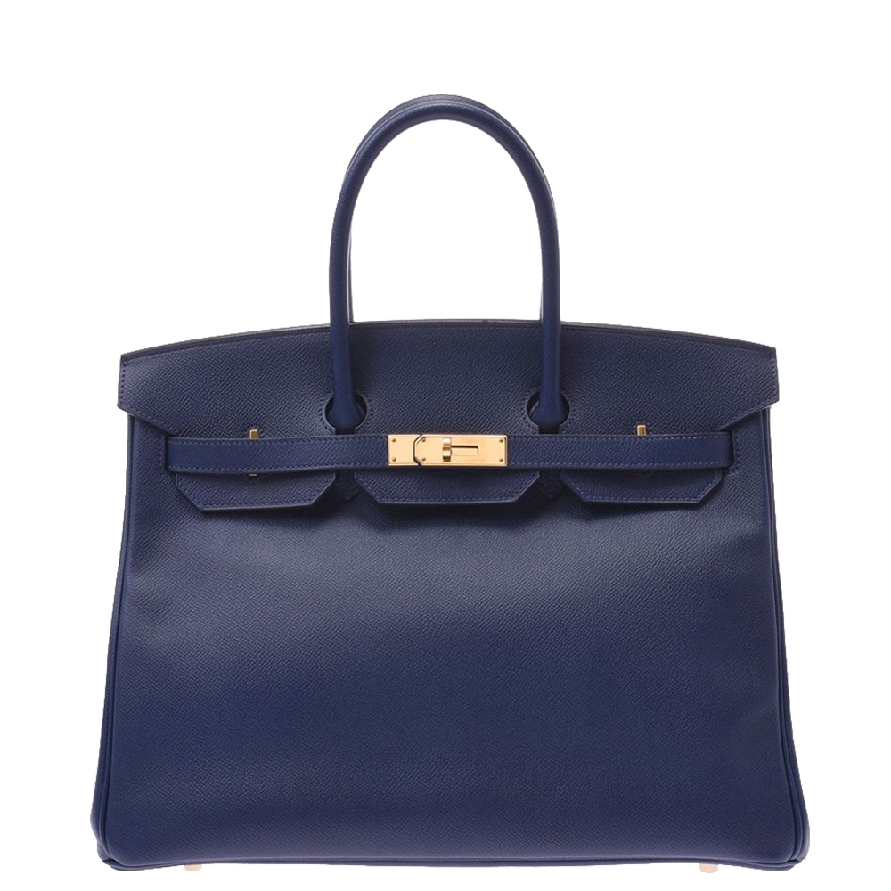 Hermes Blue/Navy Blue Epsom Gold Hardware Leather Birkin 35 Bag