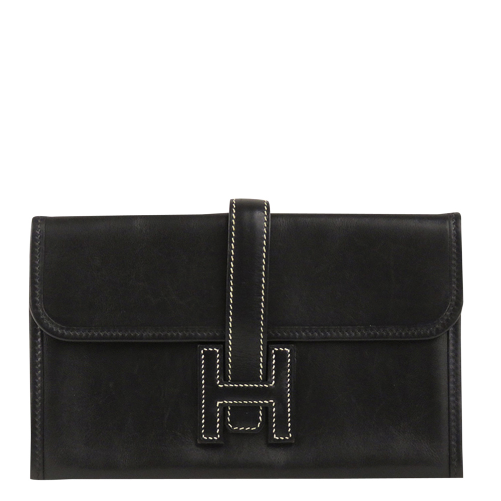 Hermes Black Mini Box Calf Leather Jige Clutch Bag
