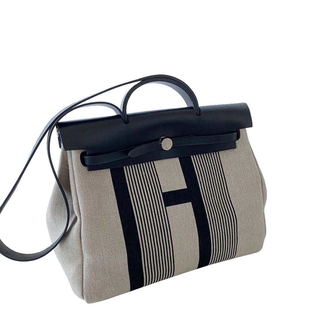 Hermes Beige/Black Canvas Herbag Zip 39 Tote Bag