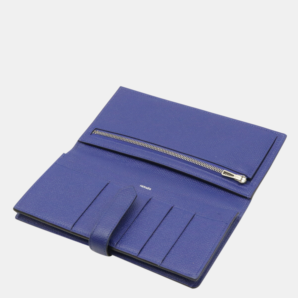

Hermes Bearnsfre Long Bi-Fold Wallet Vaux Epson Leather Blue Electric T Engraved