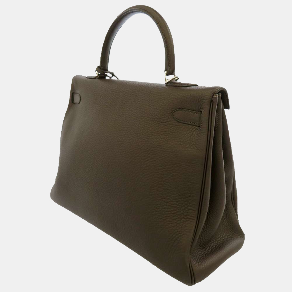 Hermes Brown Taurillon Clemence Leather Palladium Hardware Kelly 35 Bag
Hermes Brown Taurillon Clemence Leather Palladium Hardware Kelly 35 Bag