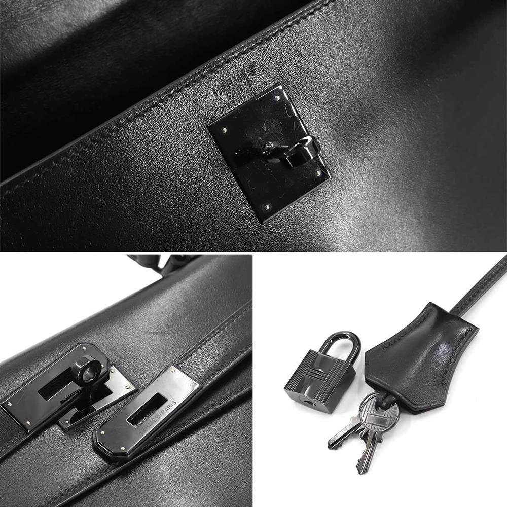 Hermes Kelly 32 Hand Bag Box Calf So Black N Stamped Inner Seam Metal Fittings