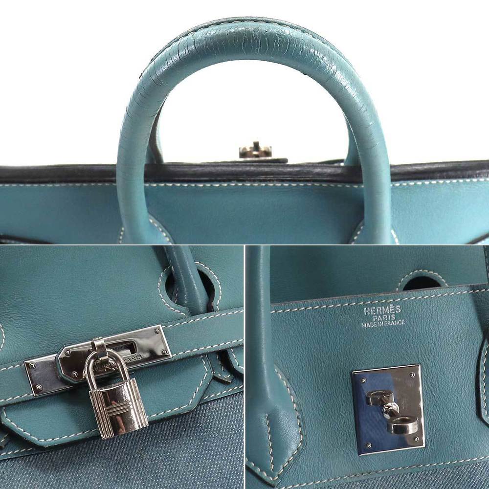Hermes Haut A Croix 32 Handbag Toile Jean Gulliver Bleu D Engraved Silver Hardware Courroies