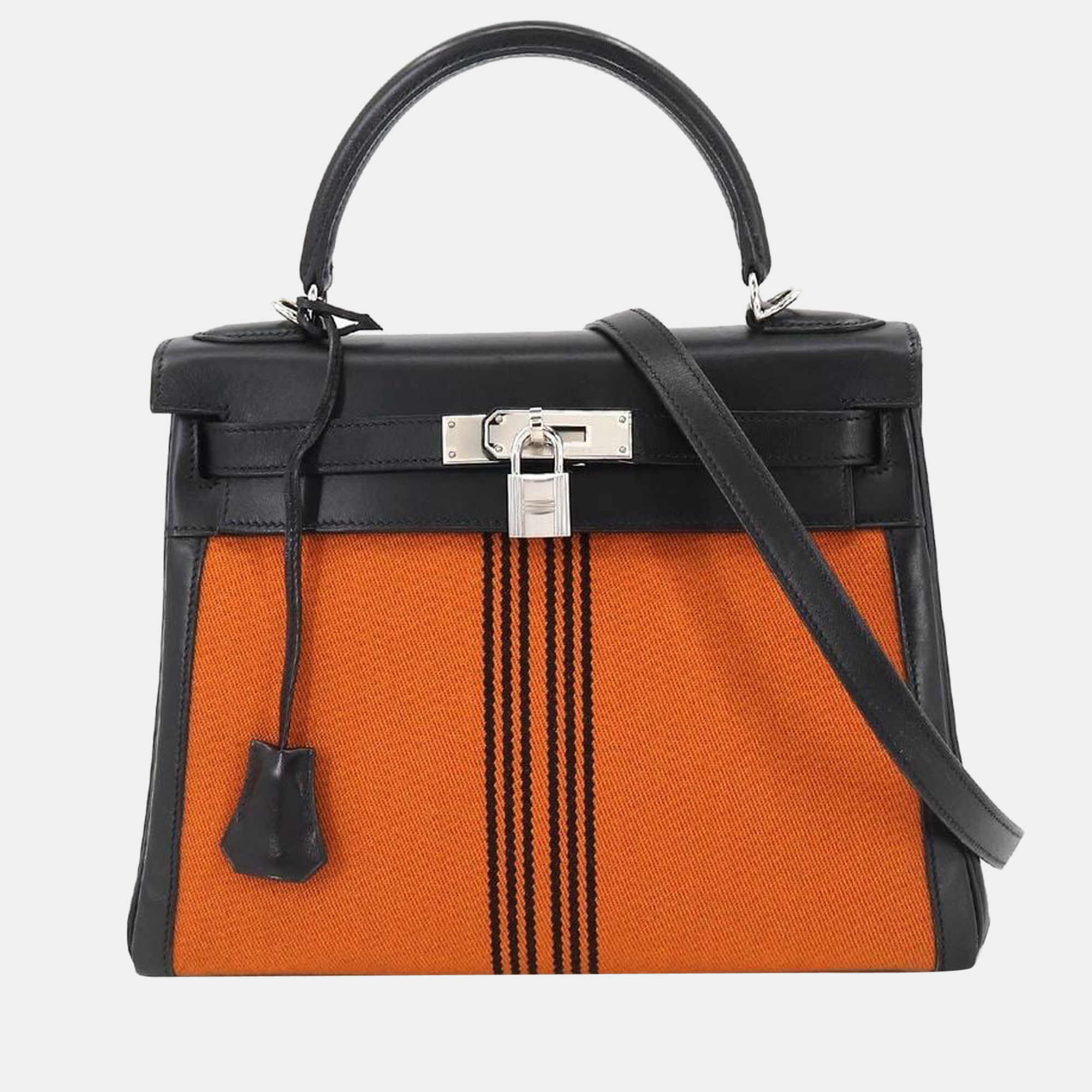 Hermes Kelly 28 2way Hand Shoulder Bag Towal Potamos Box Calf Black Orange J Stamped Inner Sewing Silver Metal Fittings