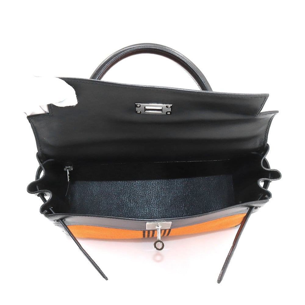 Hermes Kelly 28 2way Hand Shoulder Bag Towal Potamos Box Calf Black Orange J Stamped Inner Sewing Silver Metal Fittings
