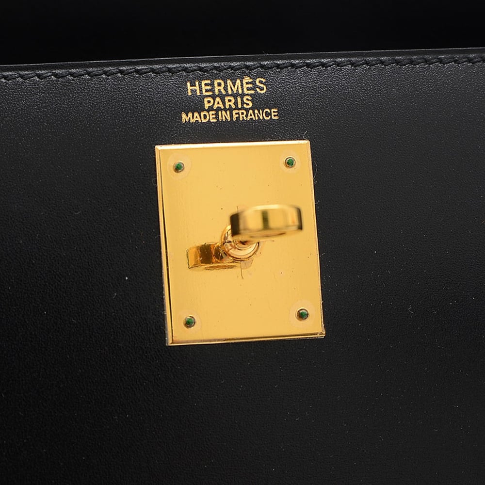 Hermes Kelly 32 Outer Stitched Box Calf Handbag Black Gold Metal Fittings E Stamp