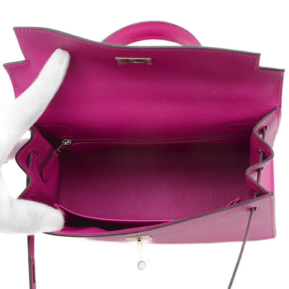 Hermes Kelly 25 Outer Sewing Epson Handbag Rose Purple Silver Metal Fittings C Engraved