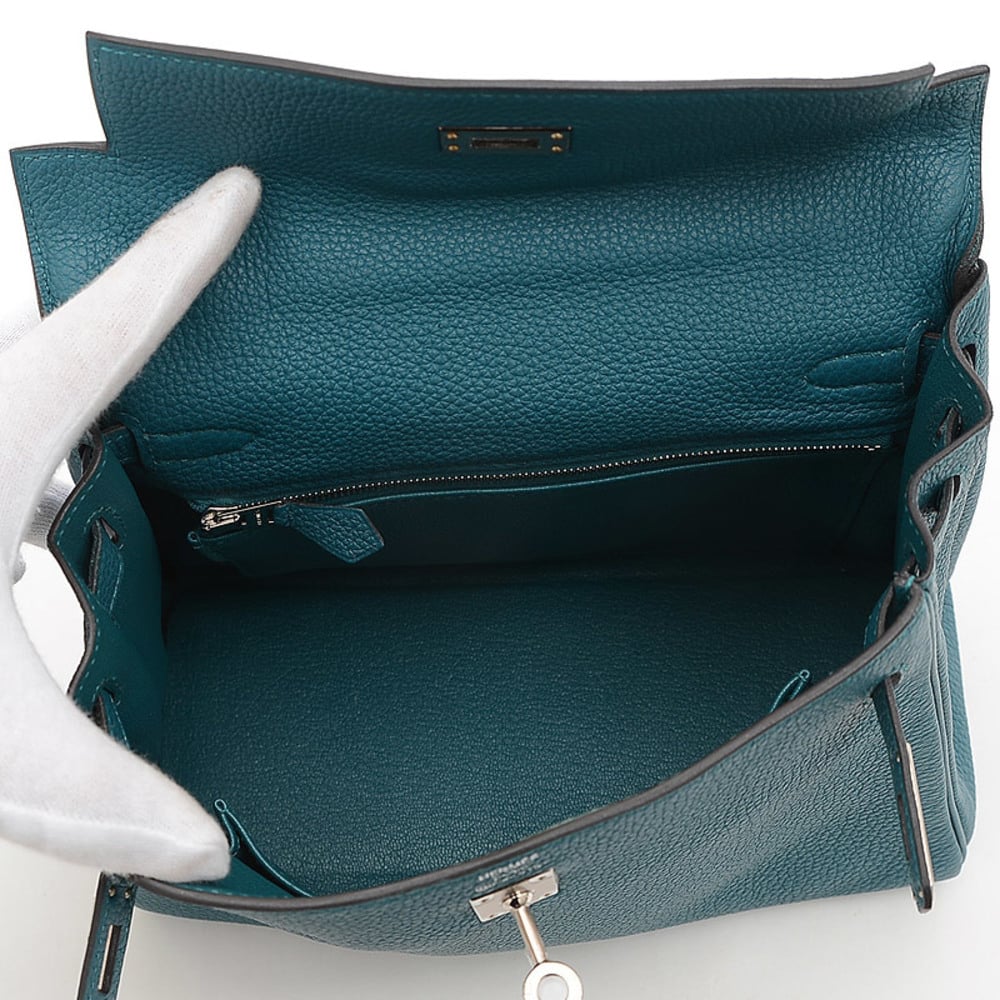 Hermes Kelly 25 Inner Stitch Togo Handbag Vert Bosphore Silver Hardware D Engraved