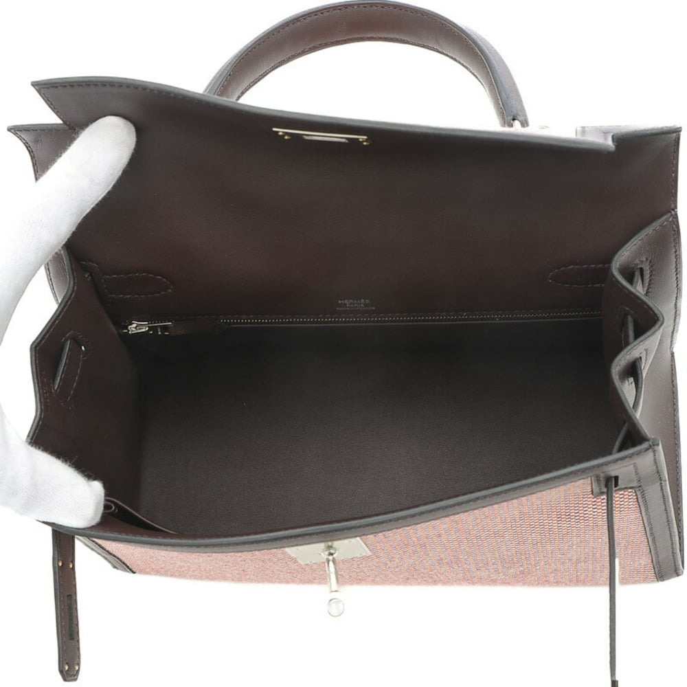 Hermes Kelly 28 Swift Toile Cadry Handbag Rouge Serie Ecru Silver Hardware U Engraved