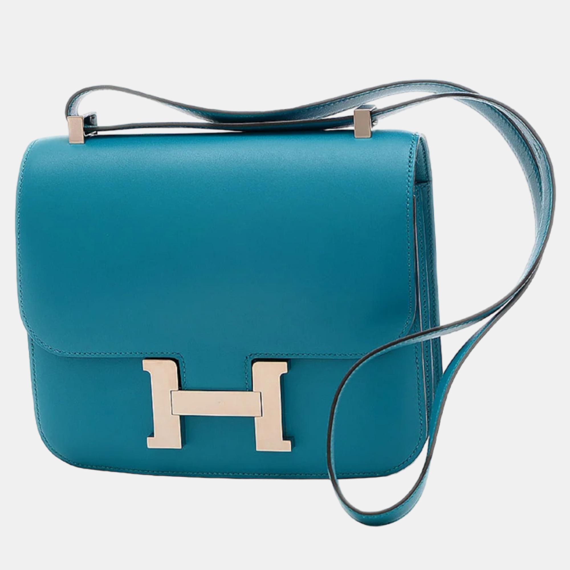 Hermes Constance 24 Shoulder Bag Tadelakt Blue Izmir Silver Hardware A Engraved