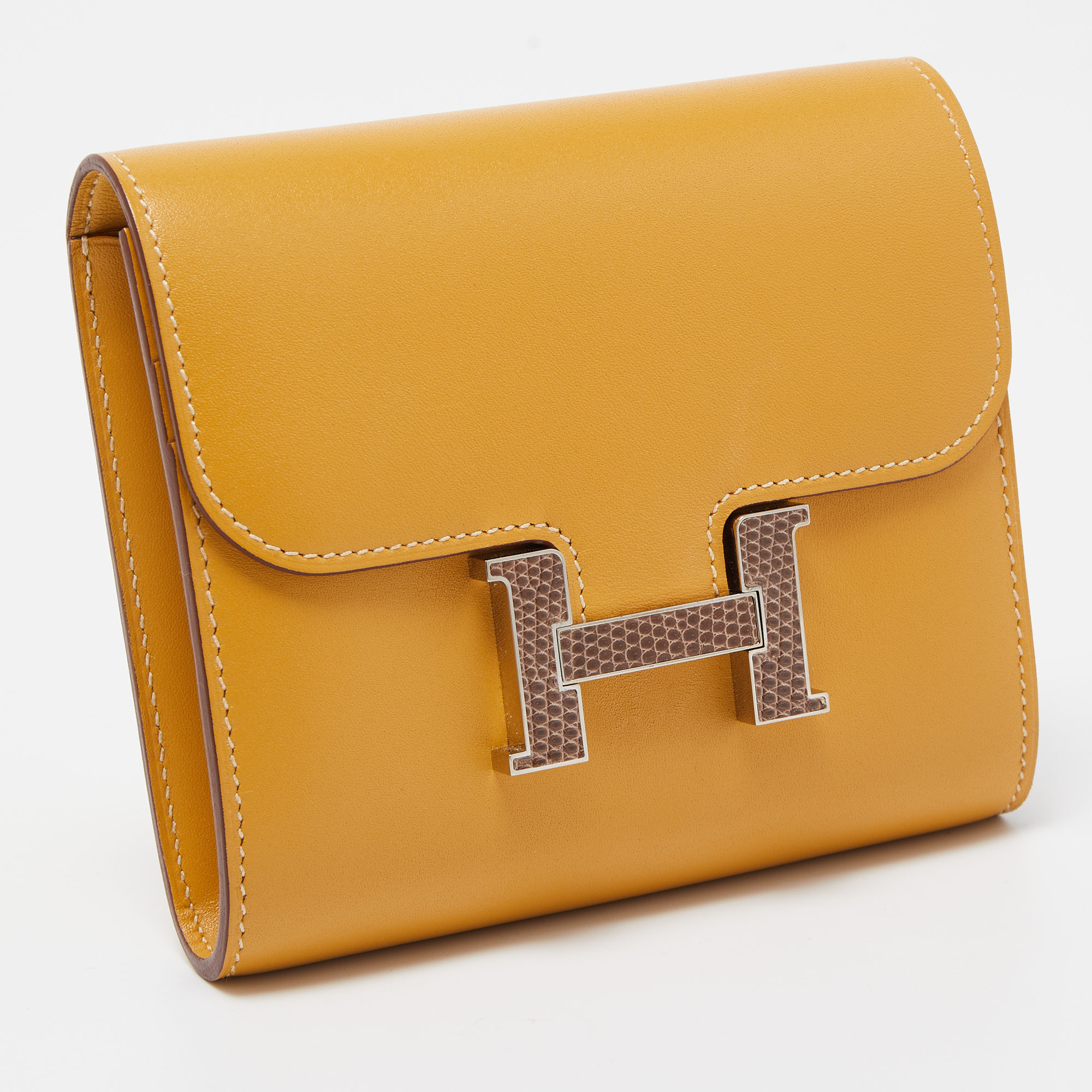 Hermes Paille/Ficelle Lizard /Tadelakt Leather Constance Compact Wallet