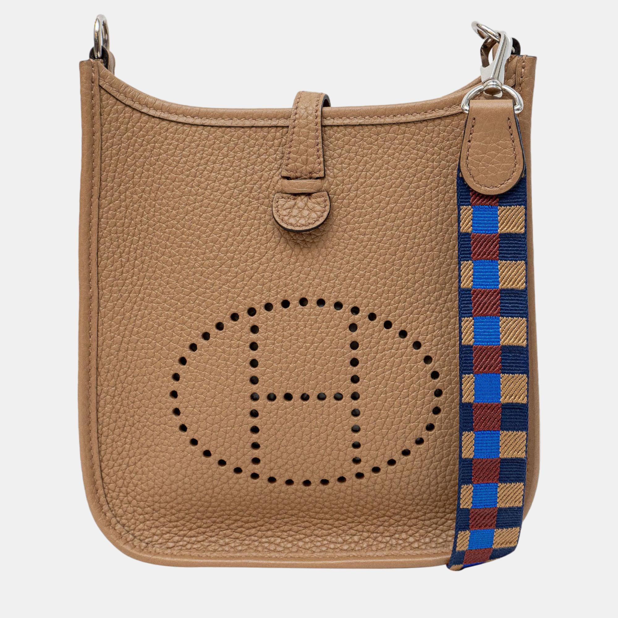 Hermès Mini Evelyne 16 In Chai With Quadrille Strap In Biscuit/Bleu Bill/Rouge H Bag