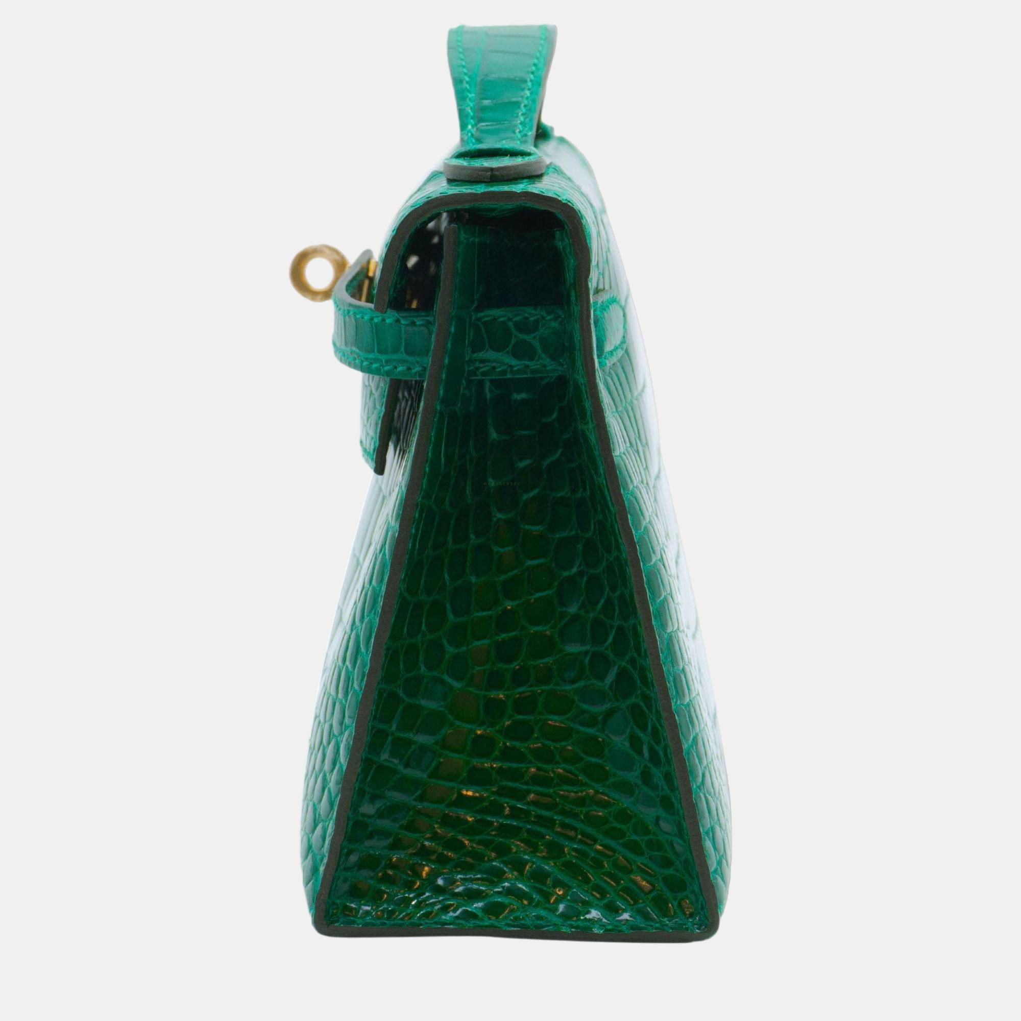 Hermès Kelly Pochette In Emerald Alligator With GHW Bag