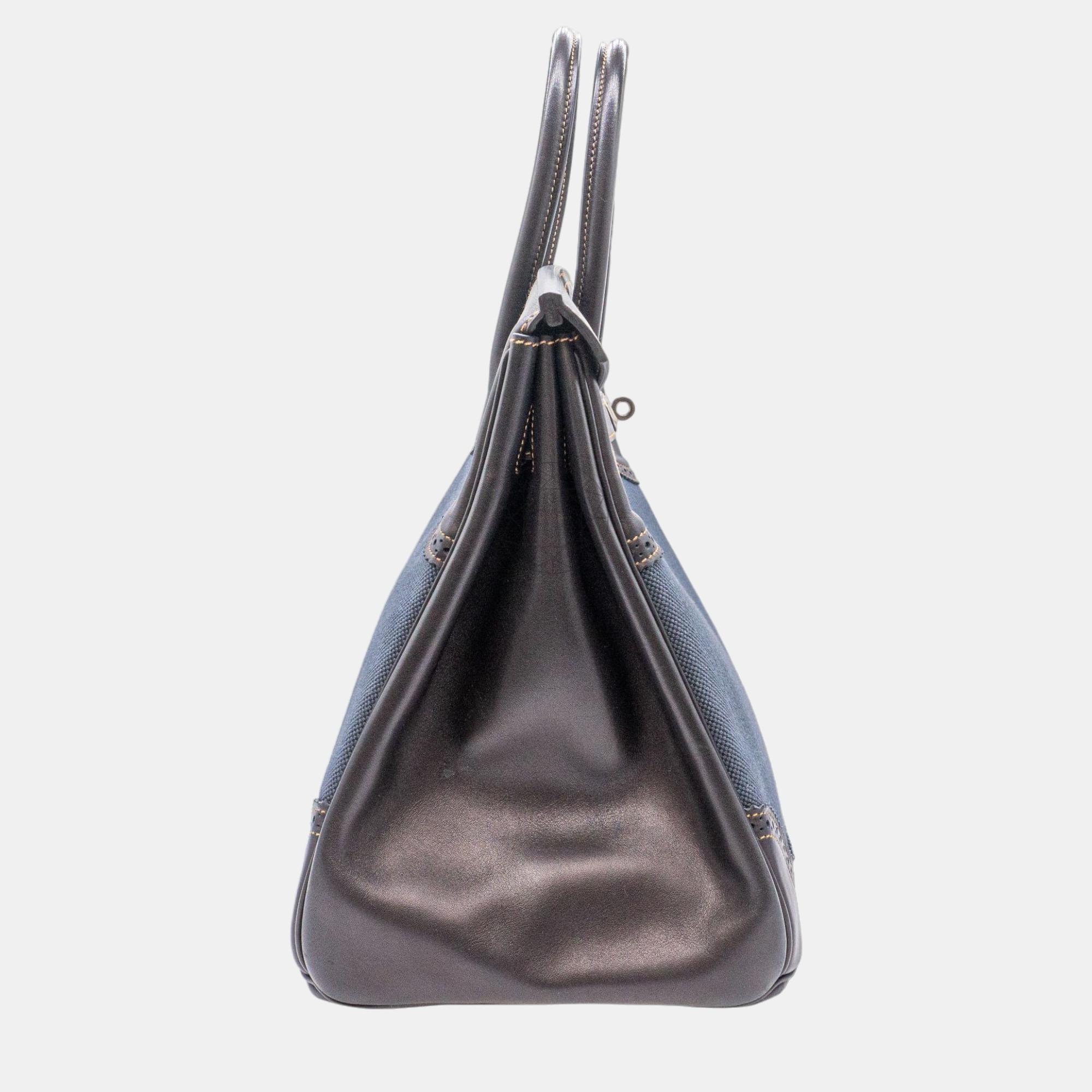 Hermès Birkin 35 Ghillies In Denim Fonce Toile & Black Evercalf Leather With PHW Bag