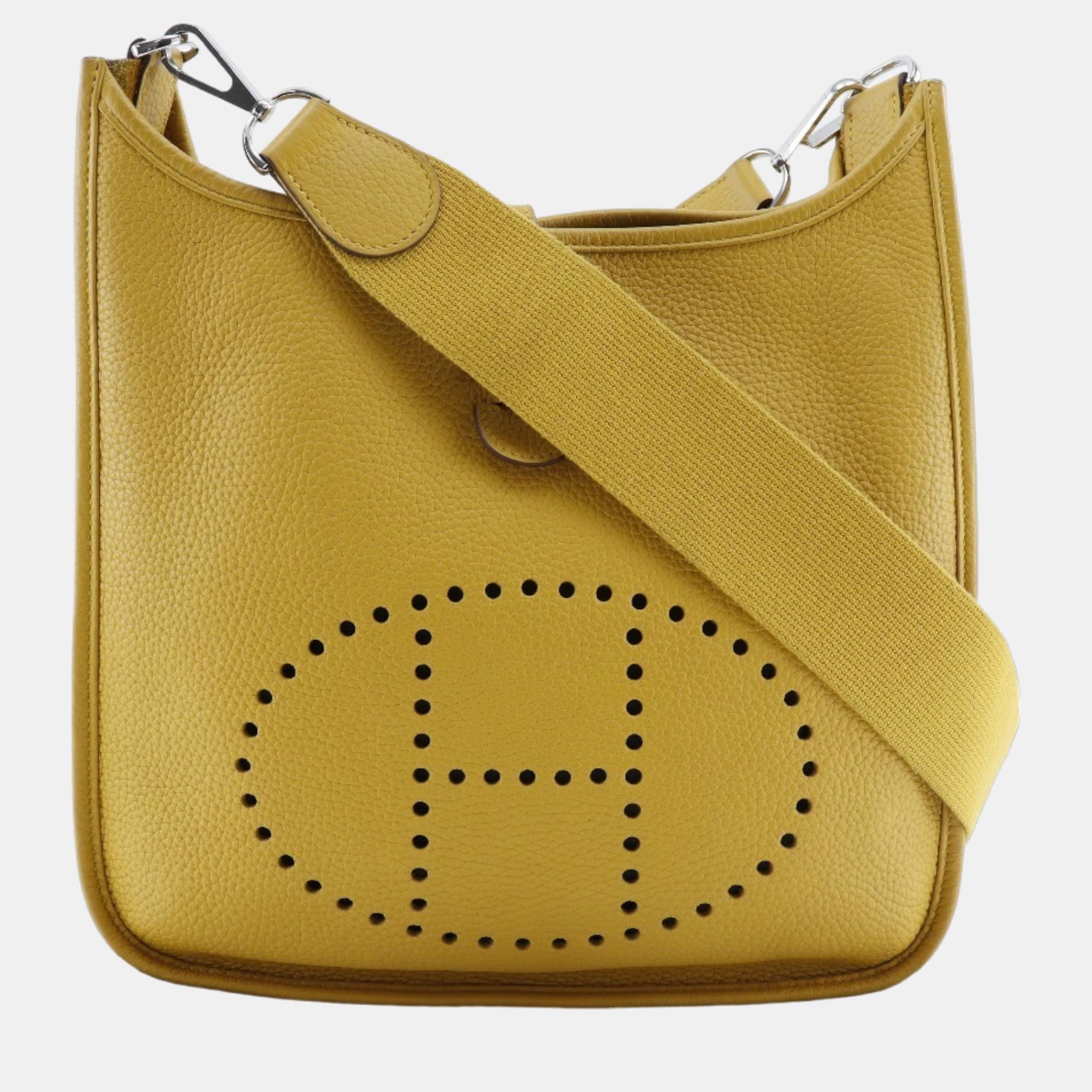 HERMES Evelyne 3PM Shoulder Bag Taurillon Clemence Jaune Ambre Made In France 2018 Yellow/Silver Hardware C Crossbody A5 Snap Button Evelyne3PM Ladies