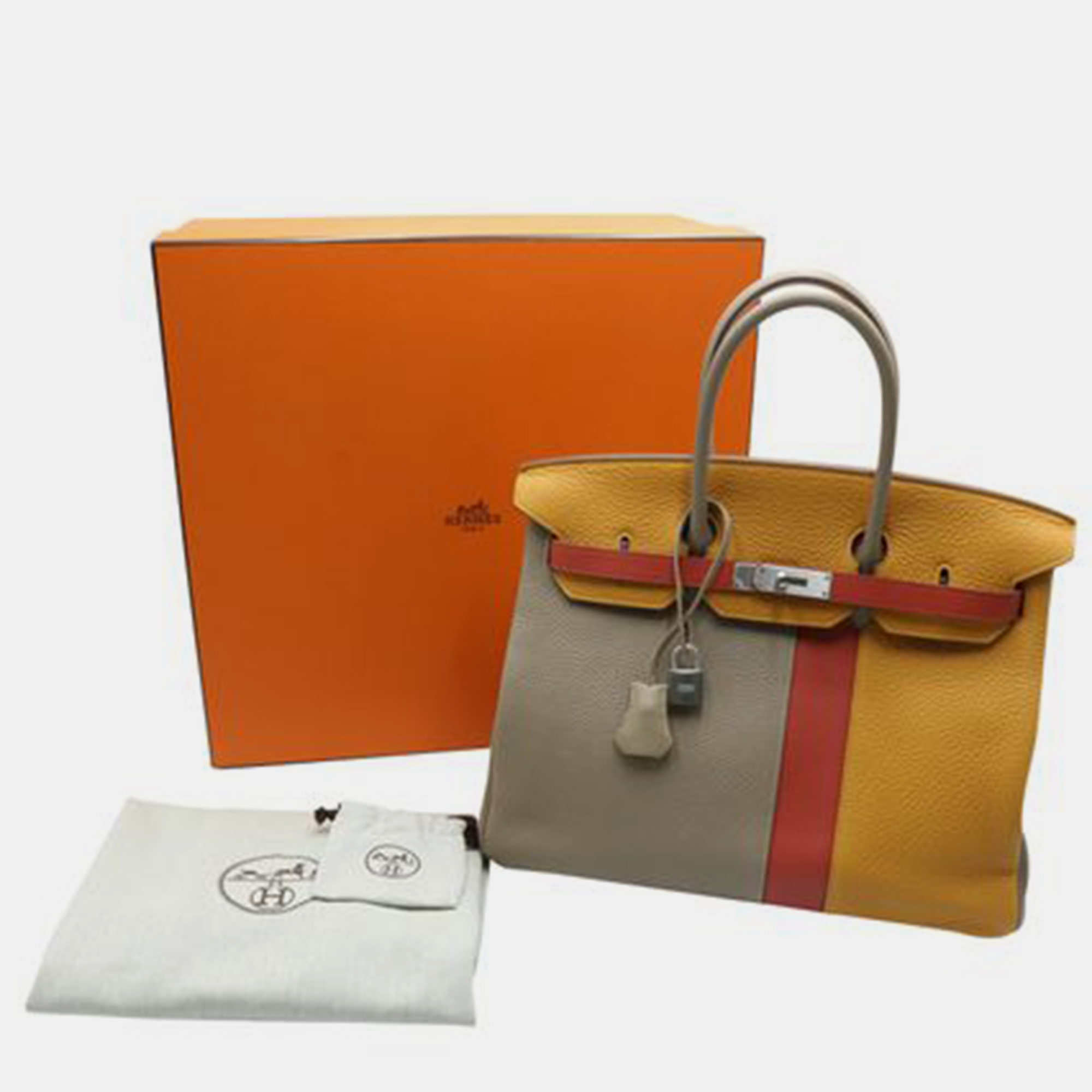 HERMES Limited Edition Tri-Color Birkin 35 Gris Tourterelle/Moutarde Clemence And Sanguine Swift Leather Palladium Plated HANDBAGS