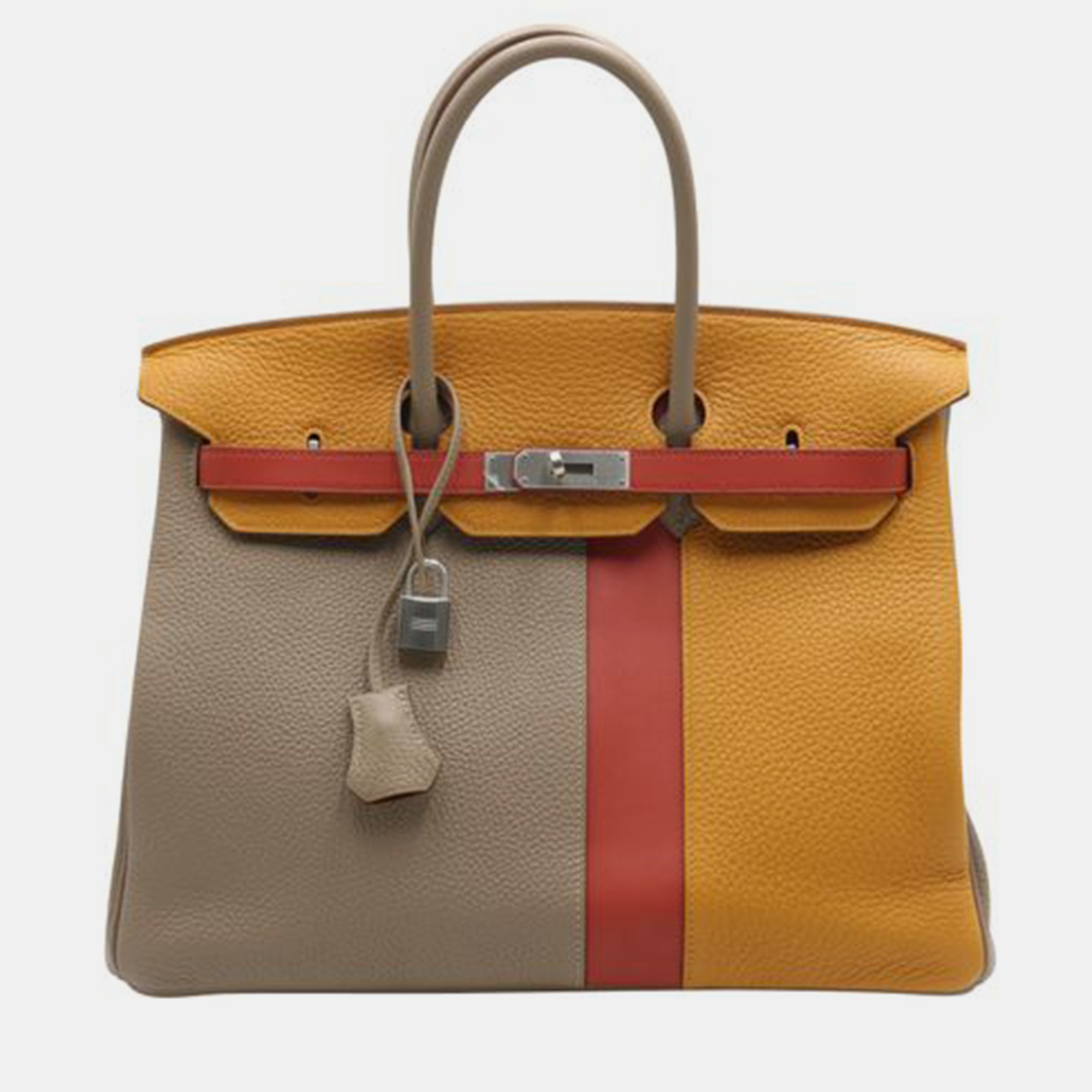 HERMES Limited Edition Tri-Color Birkin 35 Gris Tourterelle/Moutarde Clemence And Sanguine Swift Leather Palladium Plated HANDBAGS
