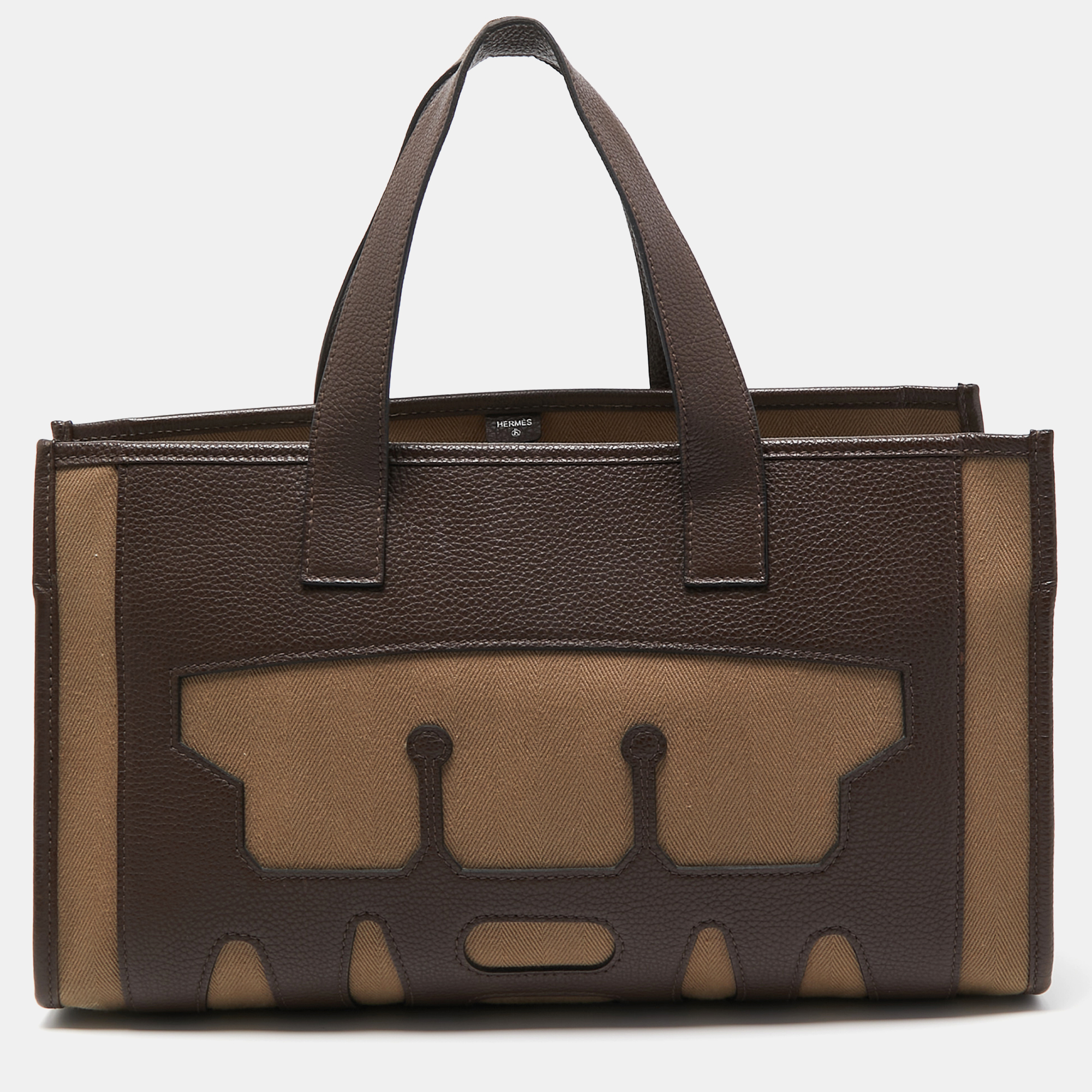 Hermes Marron Fonce Togo And Toile Petit H Decoupe Basse PM Skeleton Tote