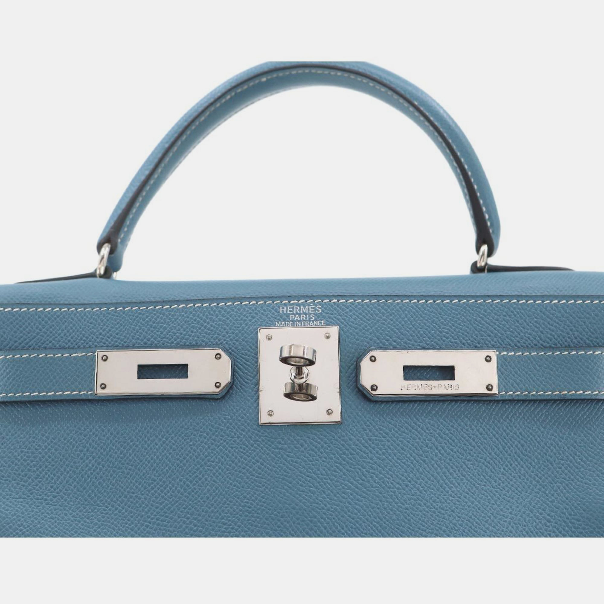 HERMES Kelly 28 2way Hand Shoulder Bag Couchevel Epson Blue Jean B Stamp Inner Stitching Silver Metal Fittings