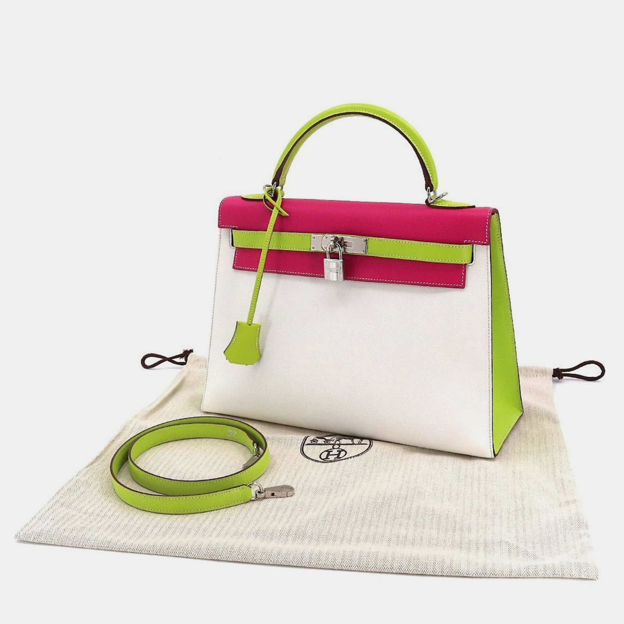 HERMES Kelly 32 Personal SPO 2way Hand Shoulder Bag Epson White Rose Tyrian Kiwi P Stamp Outside Sewing