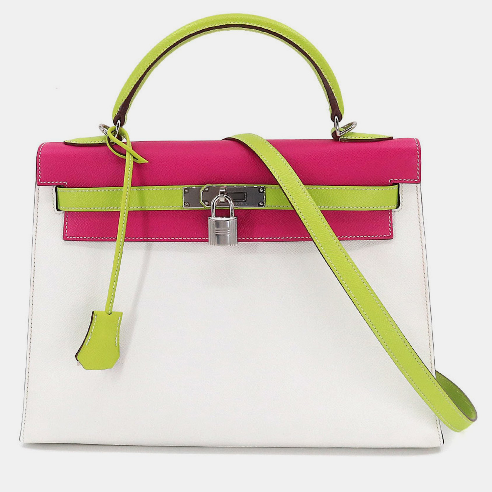 HERMES Kelly 32 Personal SPO 2way Hand Shoulder Bag Epson White Rose Tyrian Kiwi P Stamp Outside Sewing