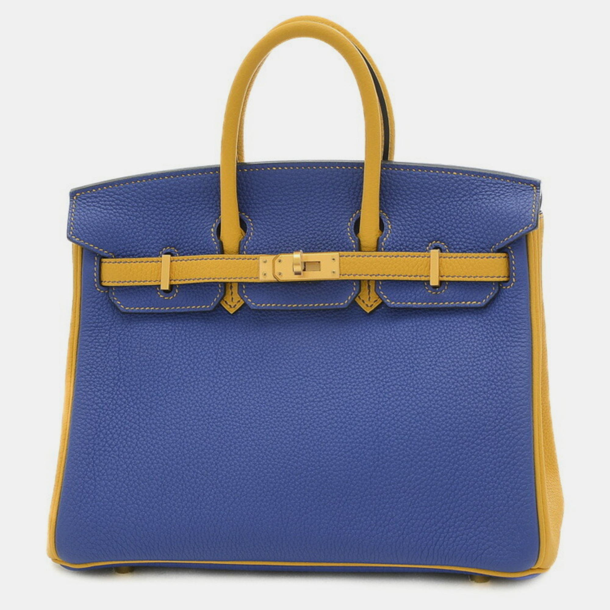 Hermes Birkin 25 Handbag Personal Togo Jaune Ambre/Blue Ankle Matte Gold Hardware