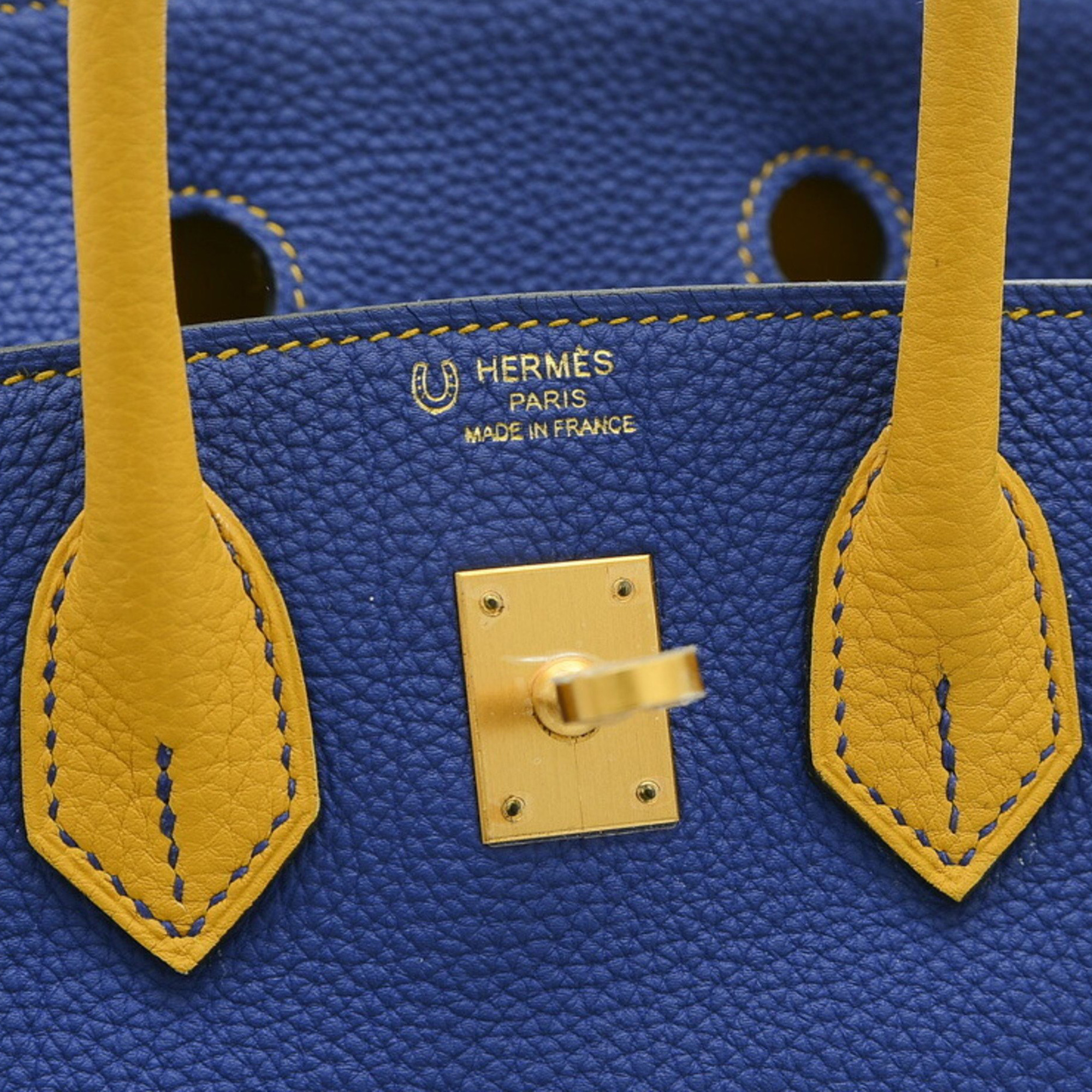 Hermes Birkin 25 Handbag Personal Togo Jaune Ambre/Blue Ankle Matte Gold Hardware