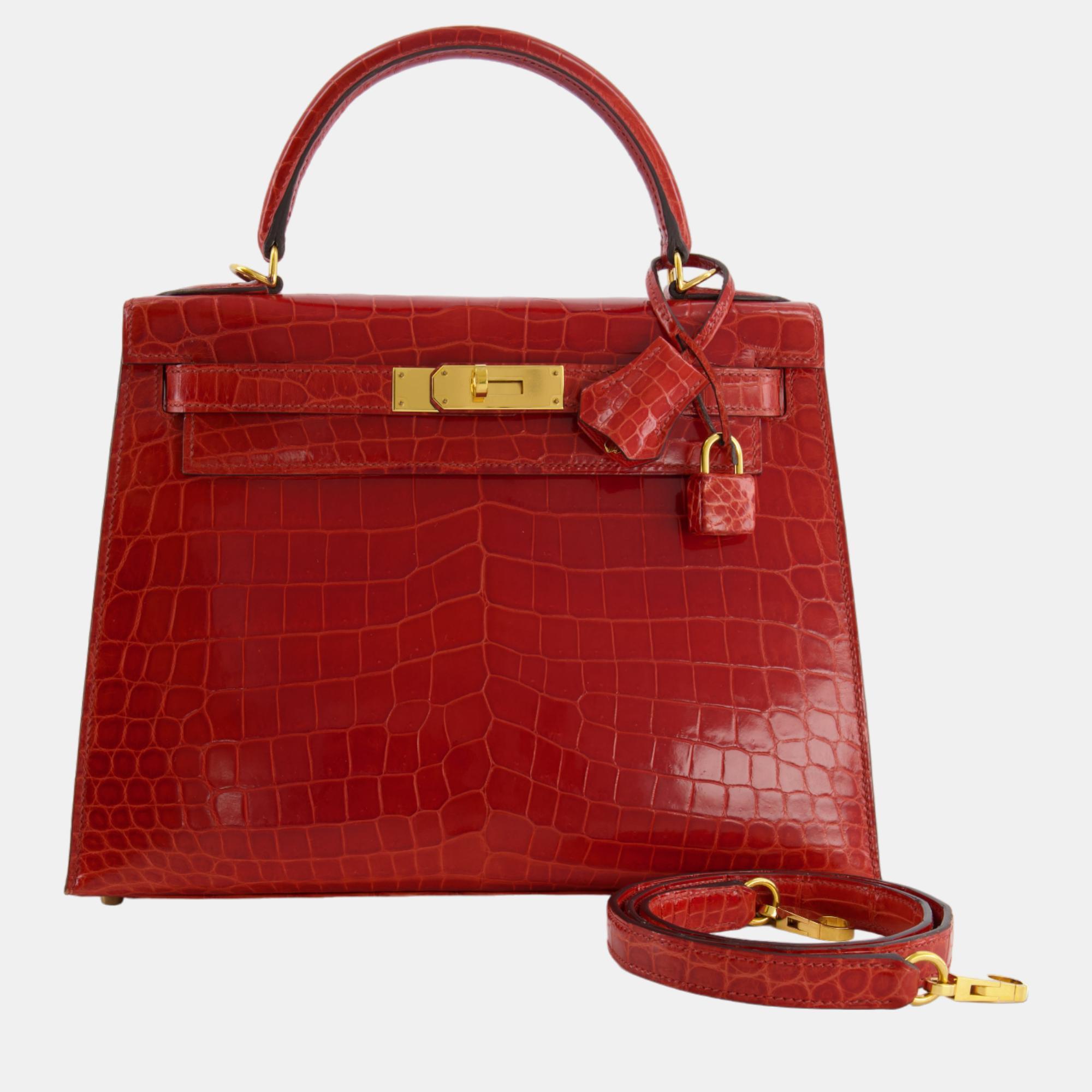Hermes Kelly Bag 28cm In Sanguine Crocodile Niloticus Leather With Gold Hardware