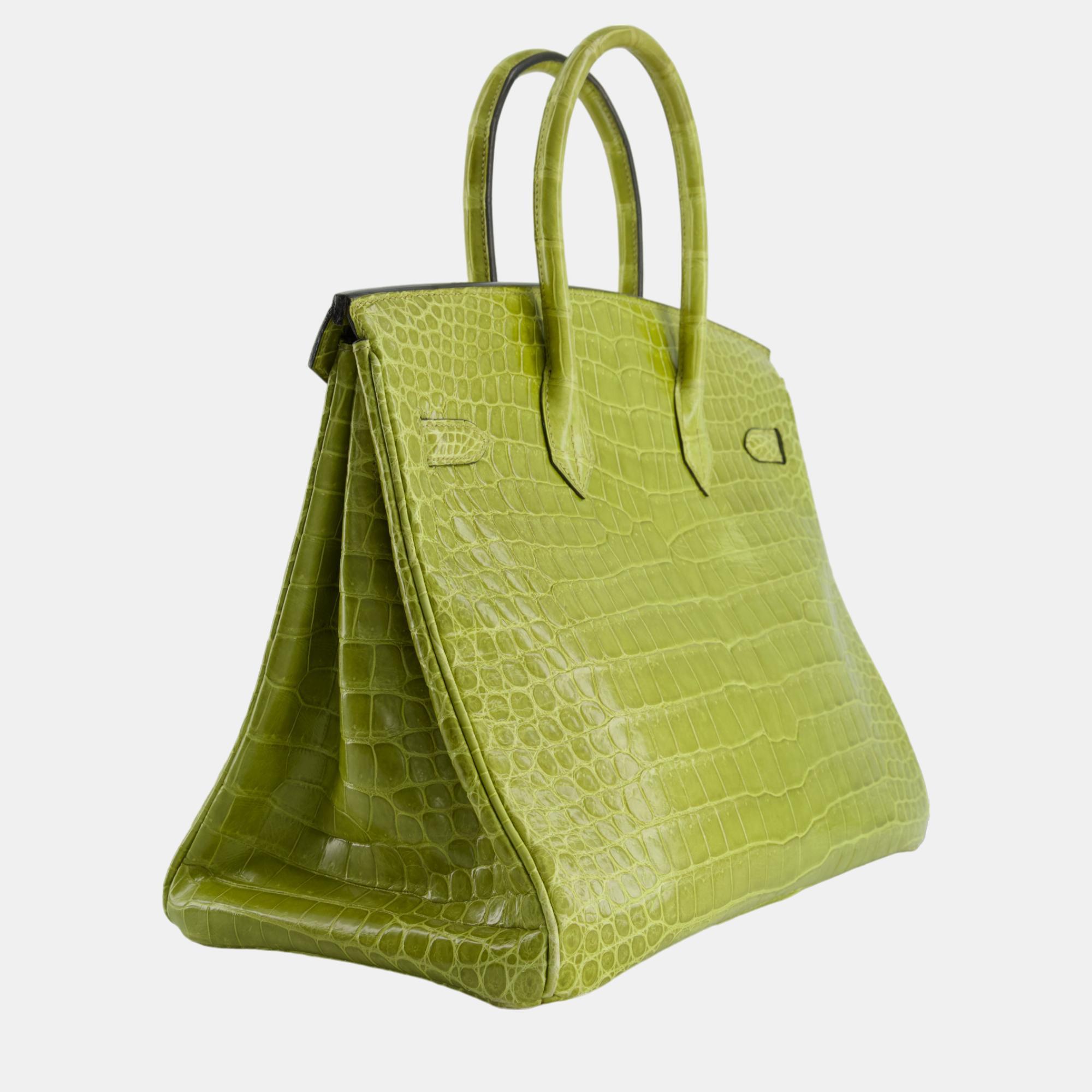 Hermes Birkin Bag 35cm In Crocodile Shiny Porosus Vert Anis Colour With Palladium Hardware