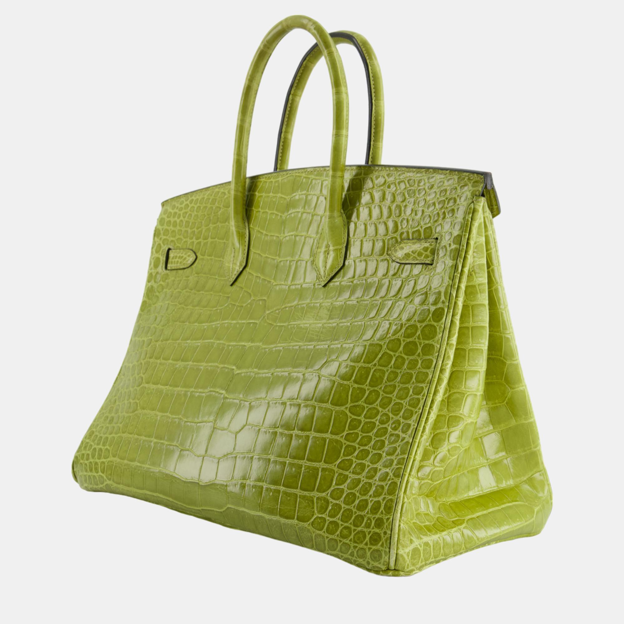 Hermes Birkin Bag 35cm In Crocodile Shiny Porosus Vert Anis Colour With Palladium Hardware