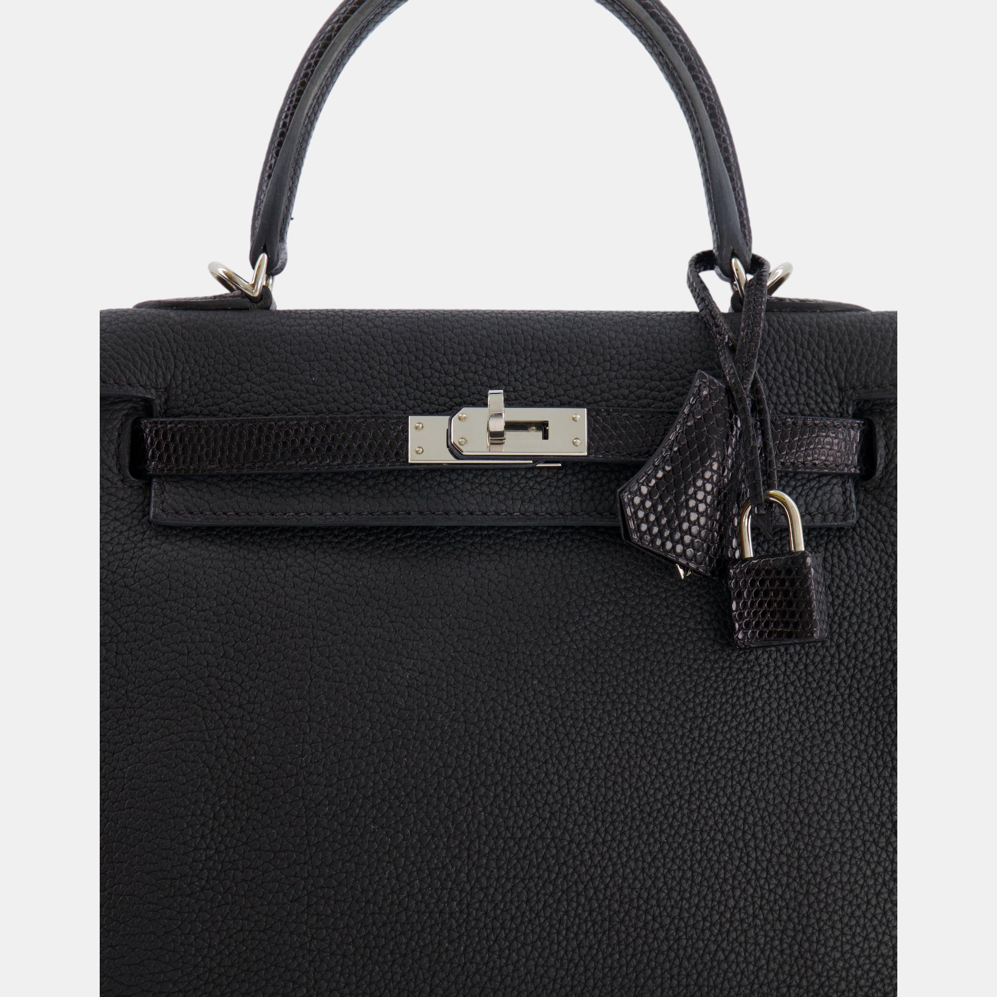 Hermes Kelly Touch Retourne 25cm Bag In Black Togo Leather And Lizard With Palladium Hardware