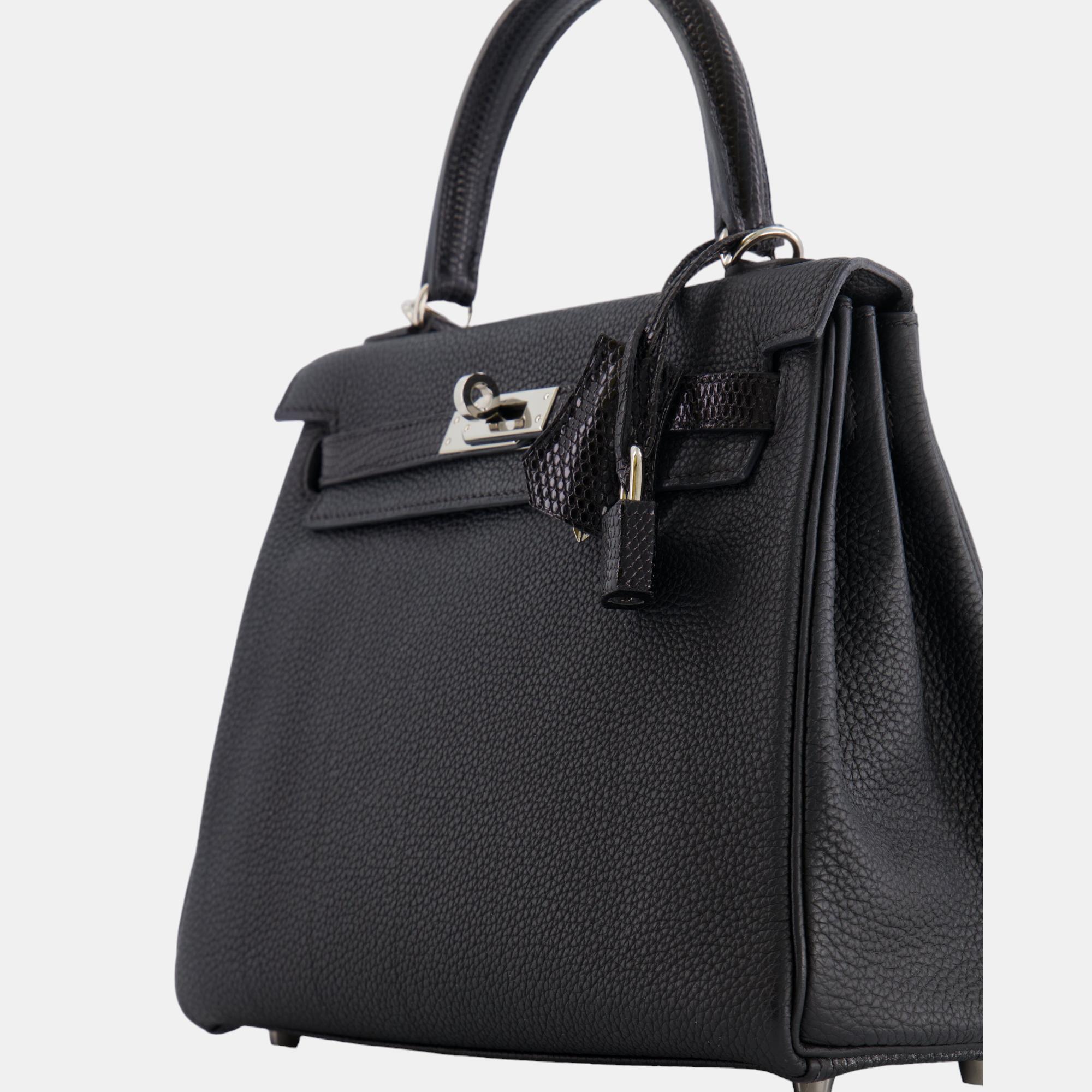 Hermes Kelly Touch Retourne 25cm Bag In Black Togo Leather And Lizard With Palladium Hardware