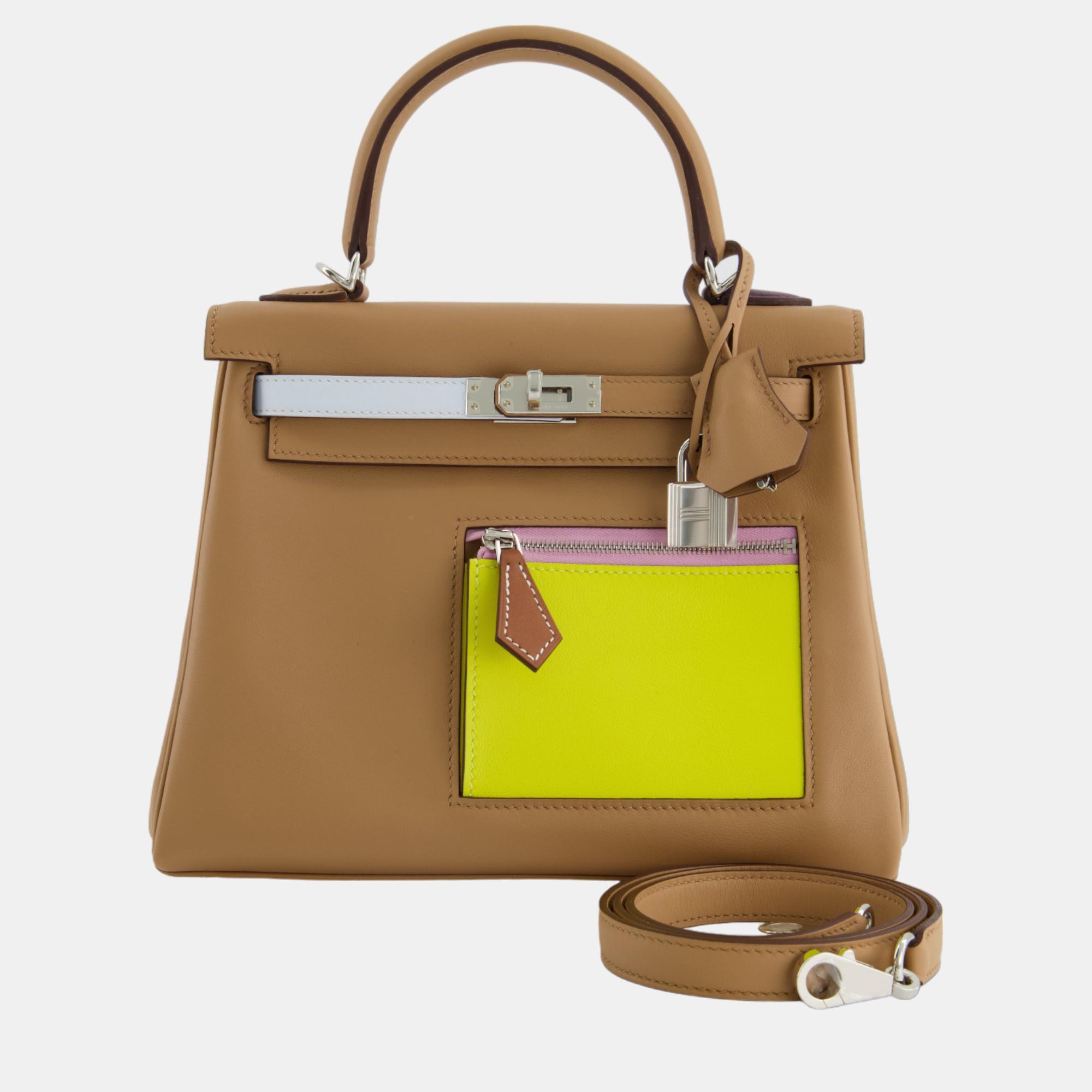 Hermes Kelly 25cm Colormatic Chai, Lime, Blue Brume, Nata And Mauve Sylvestre In Swift Leather Palladium Hardware