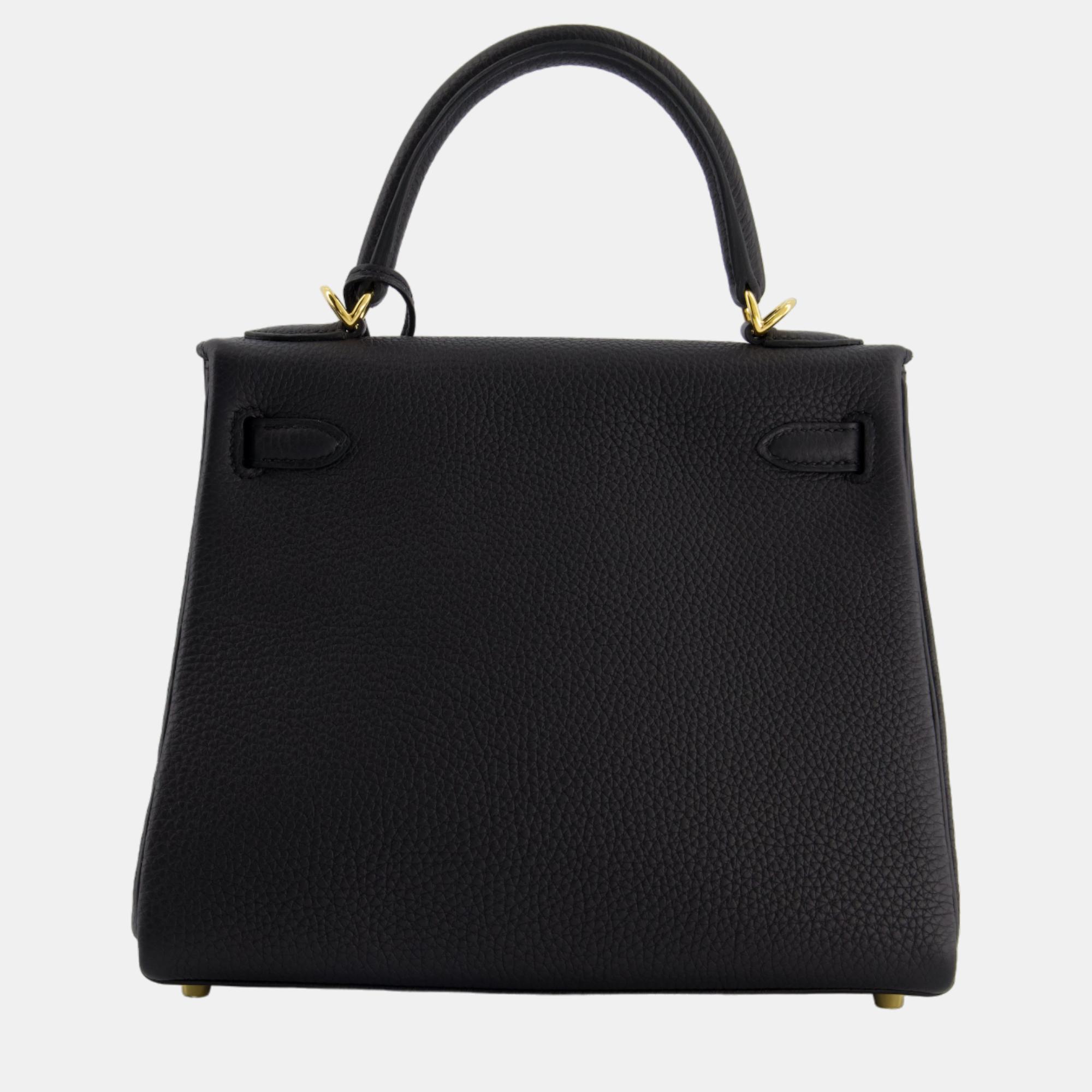 Hermes Kelly Bag 25cm Retourne In Black Togo Leather And Gold Hardware