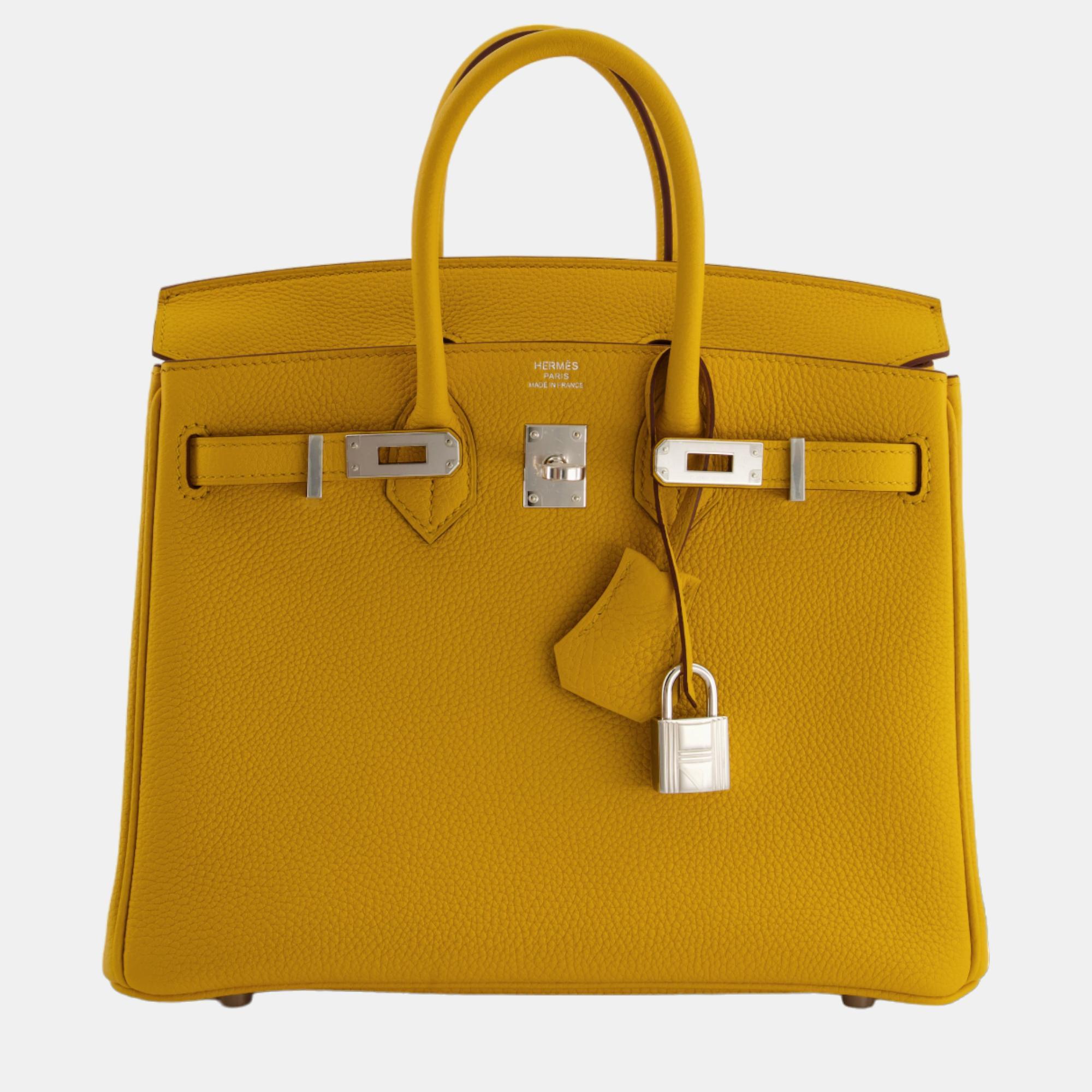 Hermes Birkin Bag Retourne 25cm In Jaune Ambre Togo Leather With Palladium Hardware