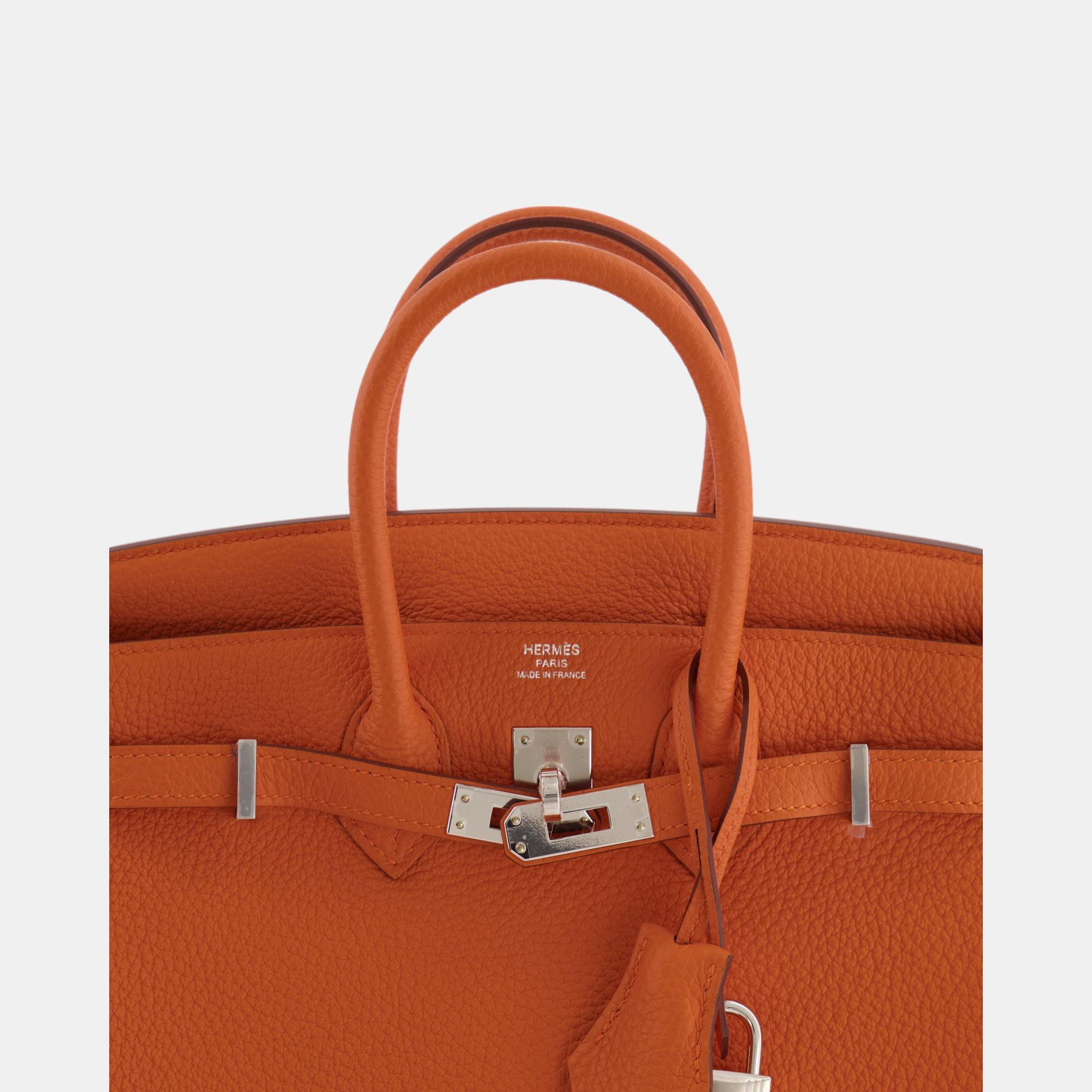 Hermes Birkin 25cm Retourne Bag In Orange Togo Leather With Palladium Hardware