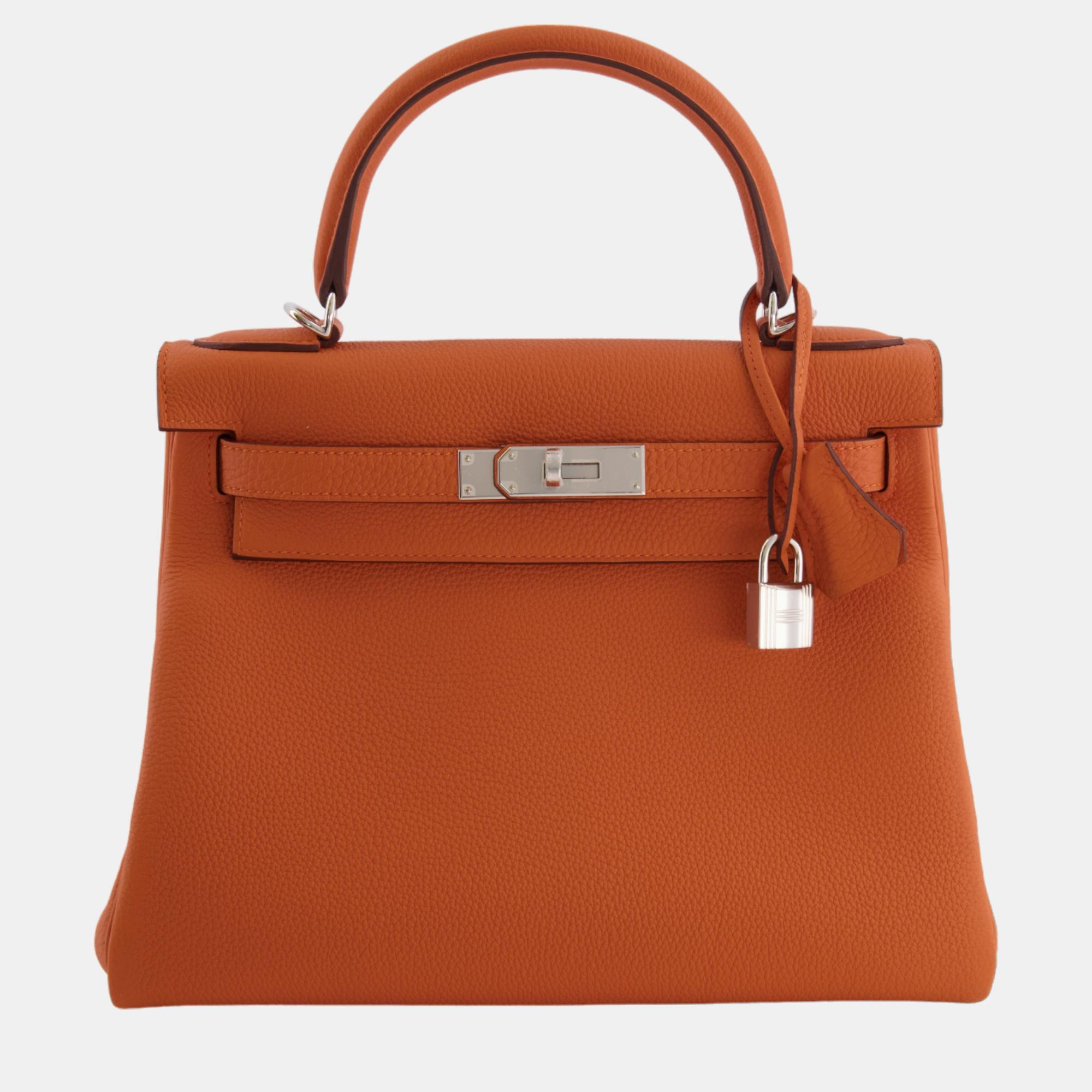 Hermes Kelly Retourne 28cm Bag In Orange Togo Leather With Palladium Hardware