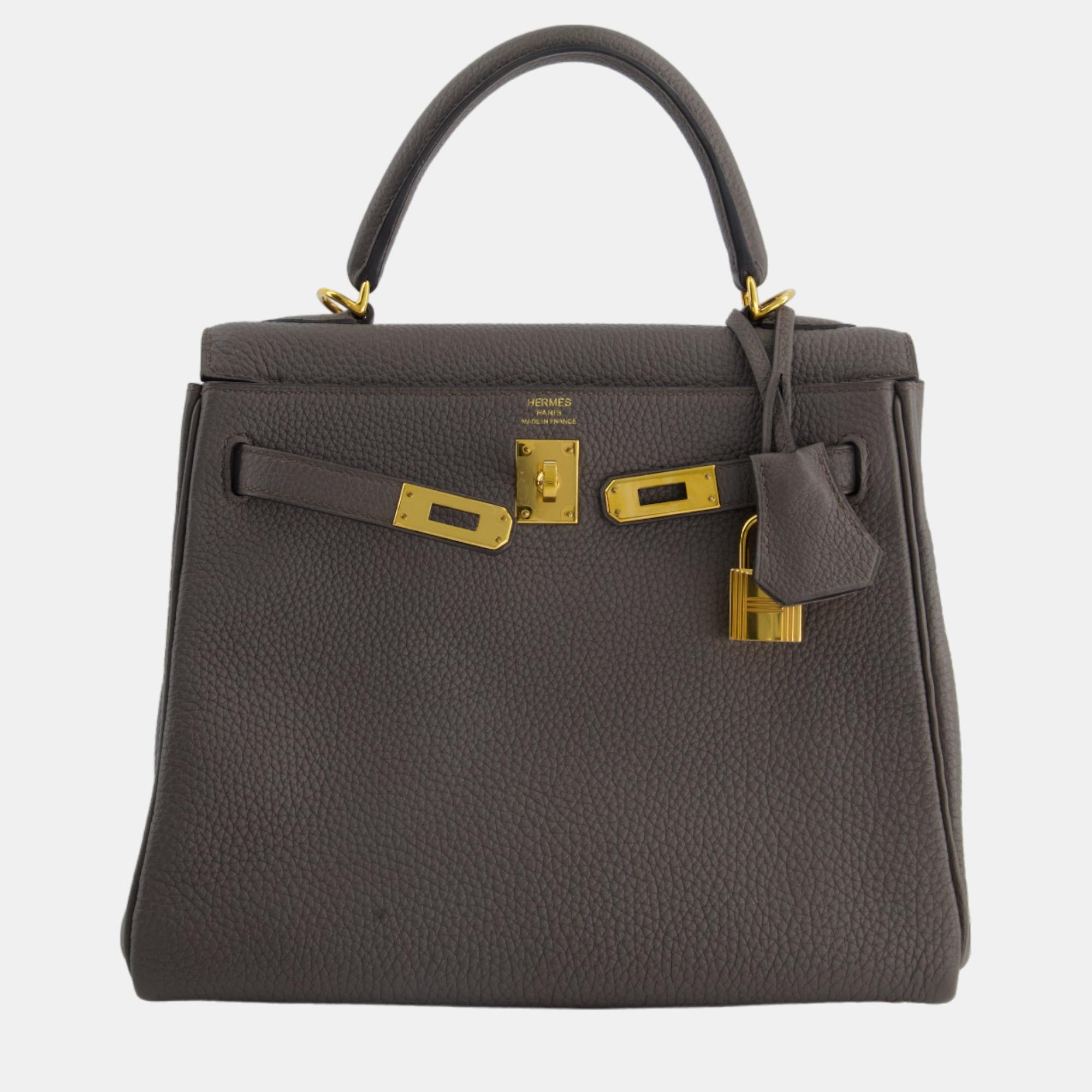 Hermes Kelly Retourne Bag 25cm In Gris Etain Togo Leather With Gold Hardware