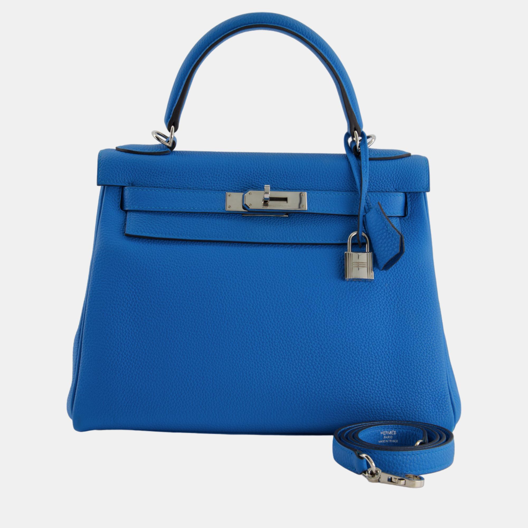 Hermes Kelly Retourne 28cm Bag In Bleu Zanzibar Togo Leather With Palladium Hardware