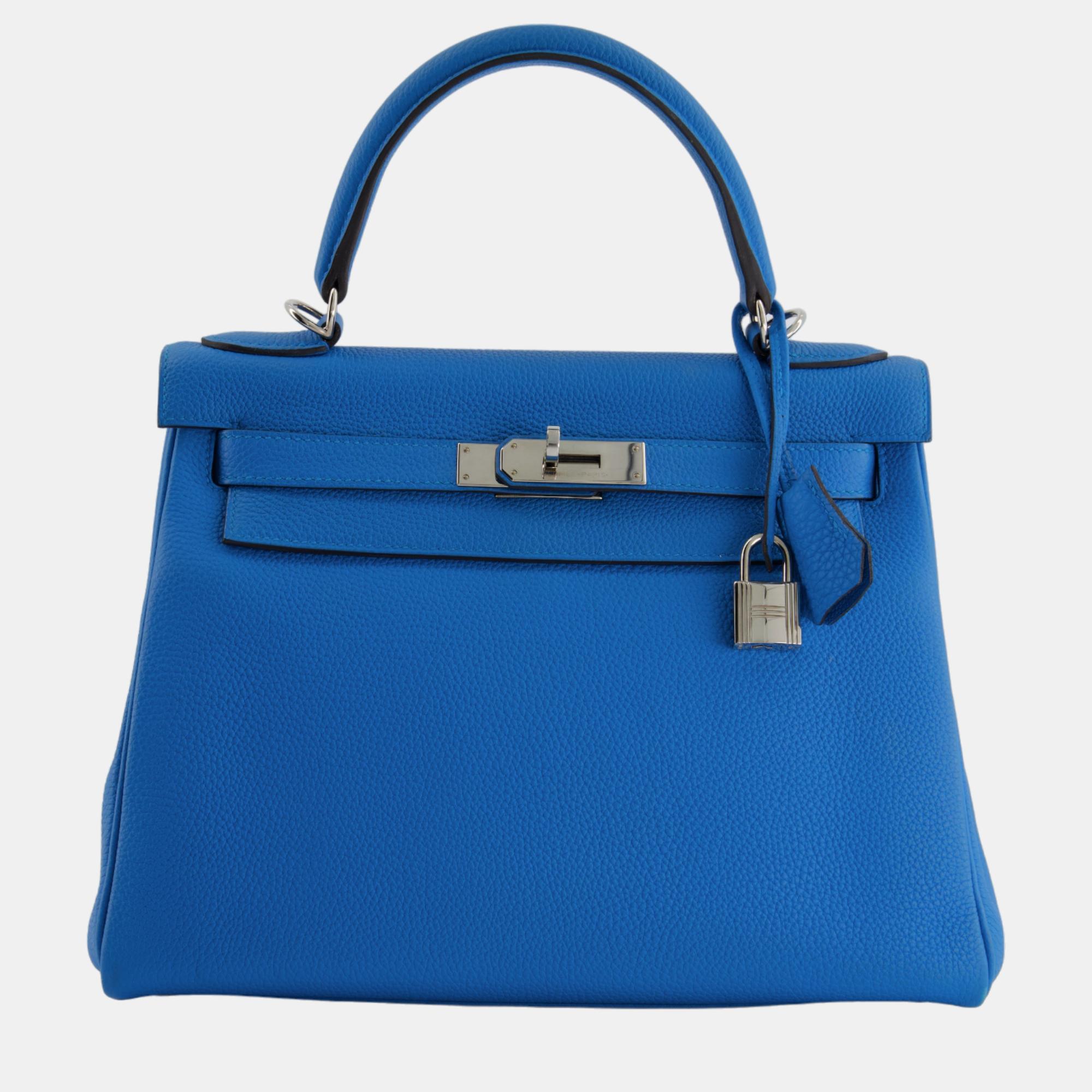 Hermes kelly retourne 28cm bag in bleu zanzibar togo leather with palladium hardware