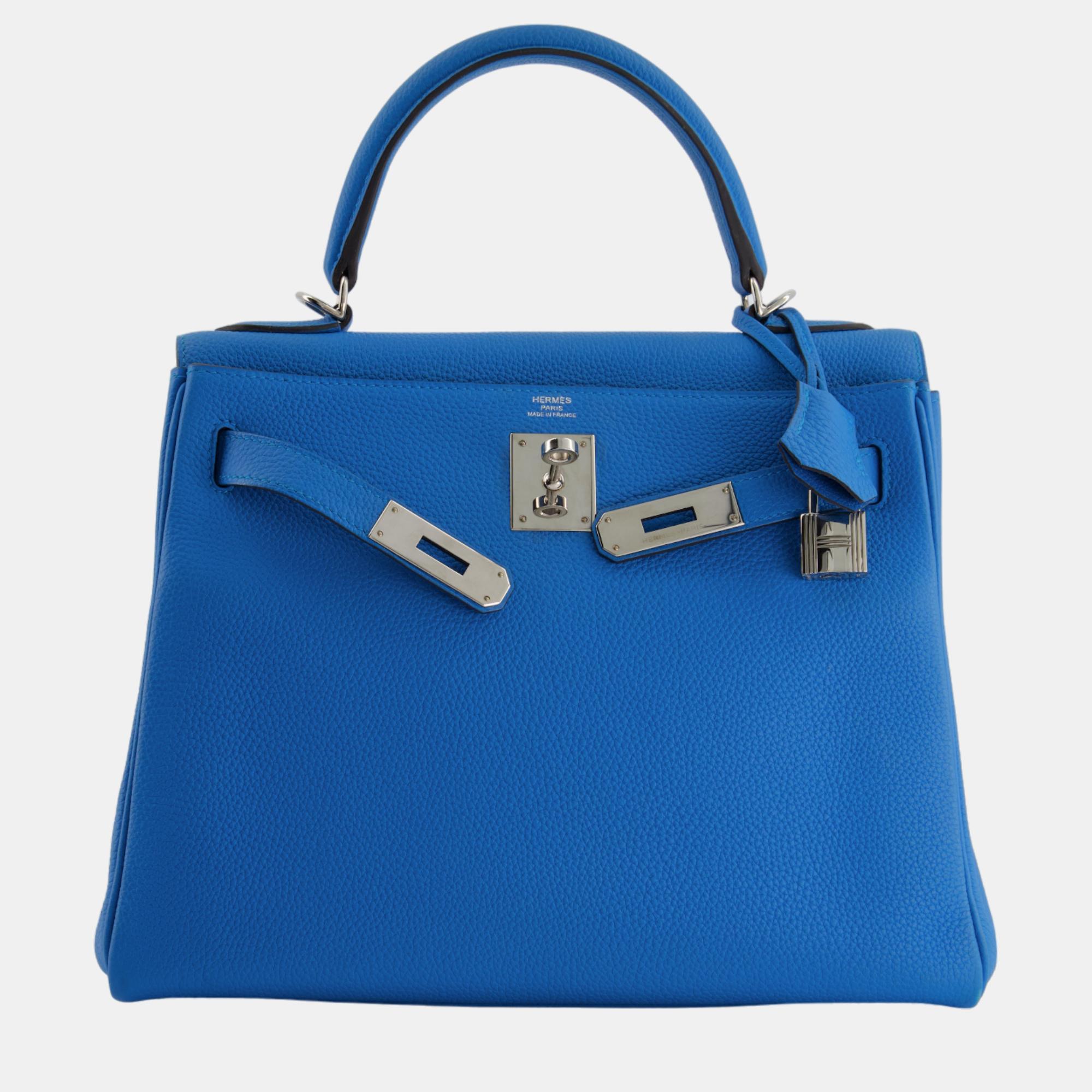 Hermes Kelly Retourne 28cm Bag In Bleu Zanzibar Togo Leather With Palladium Hardware